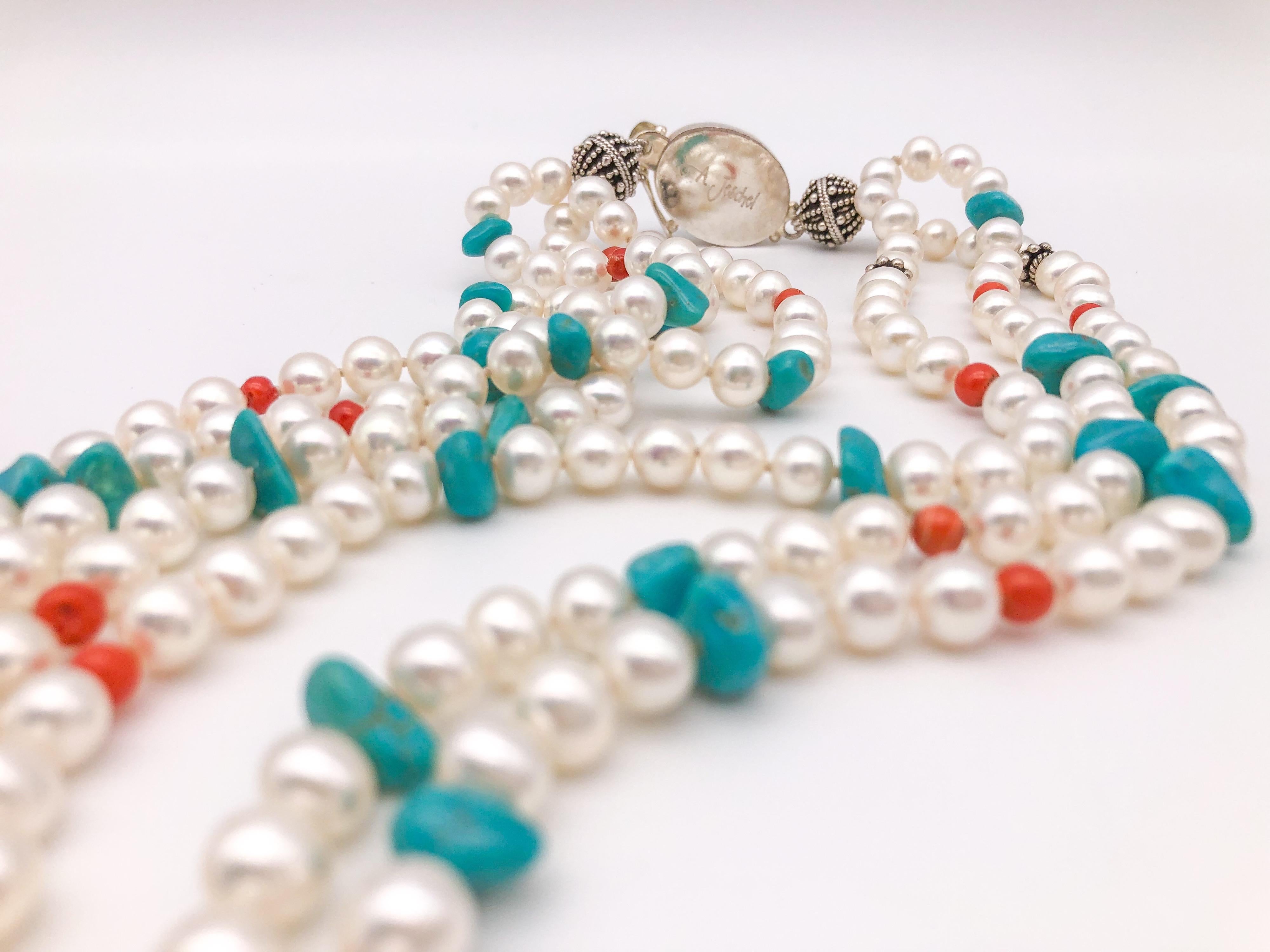 A.Jeschel Freshwater Pearls with Vintage Tibetan Turquoise pendant For Sale 2