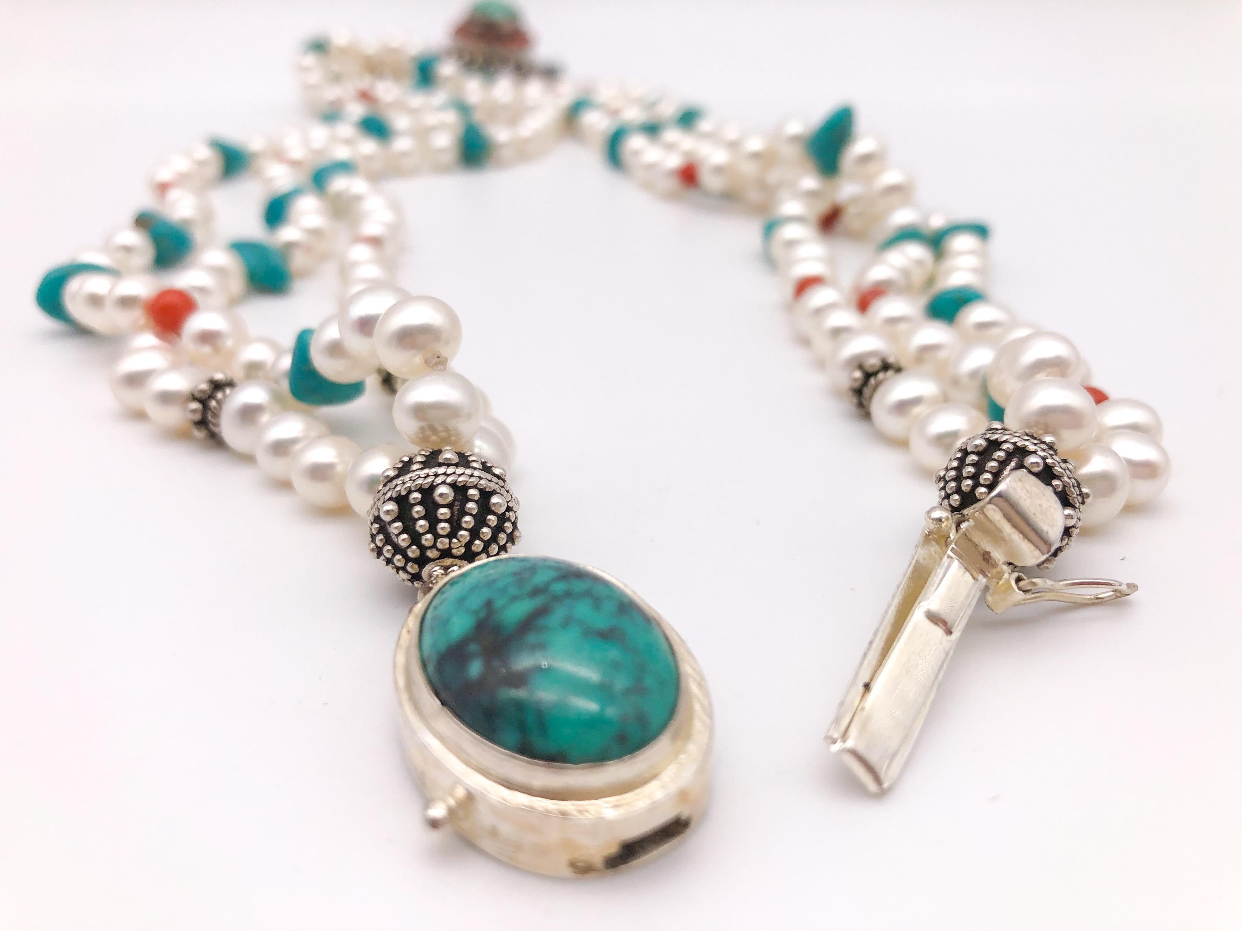 A.Jeschel Freshwater Pearls with Vintage Tibetan Turquoise pendant For Sale 4