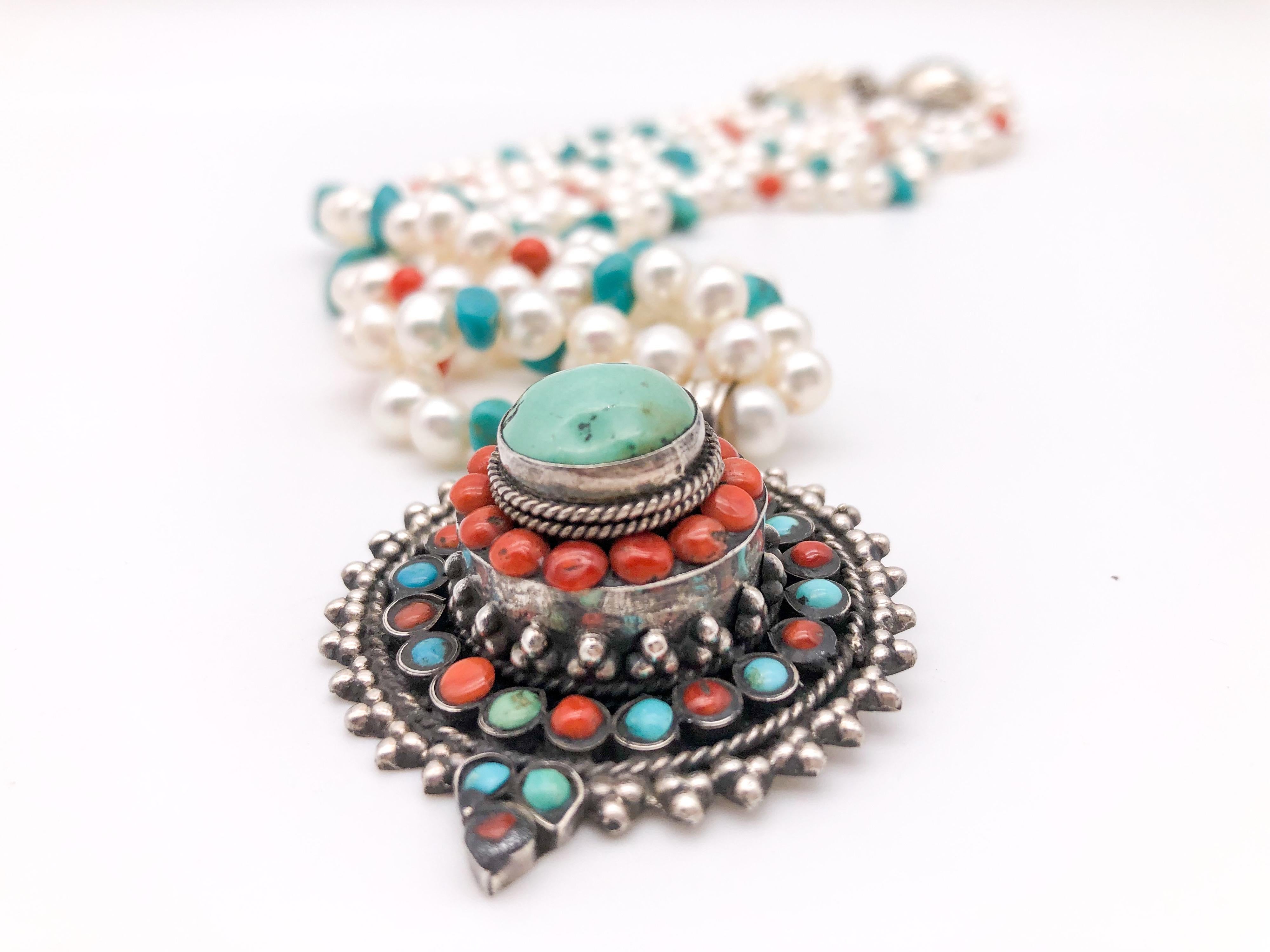 Contemporary A.Jeschel Freshwater Pearls with Vintage Tibetan Turquoise pendant For Sale