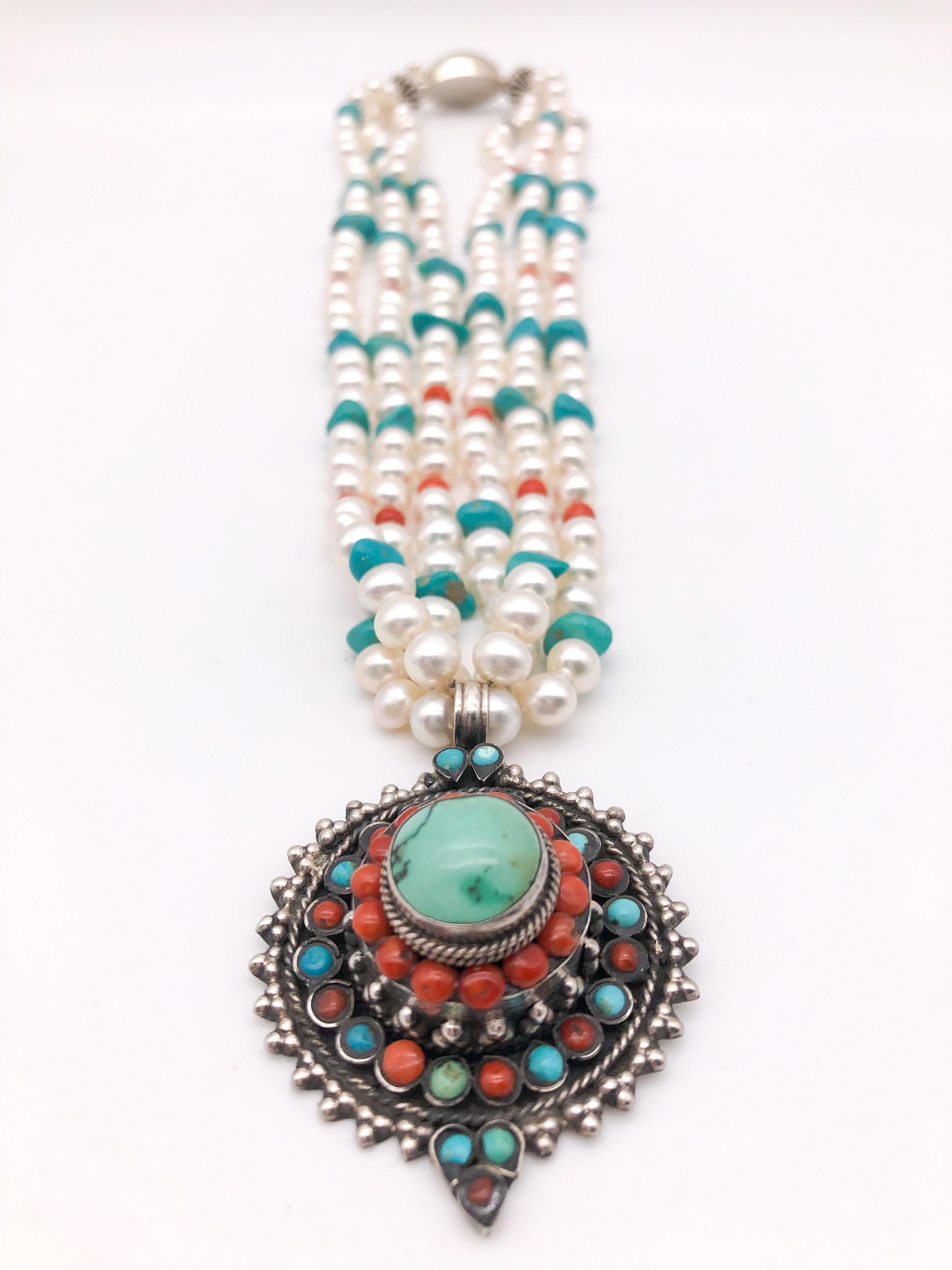 Mixed Cut A.Jeschel Freshwater Pearls with Vintage Tibetan Turquoise pendant For Sale