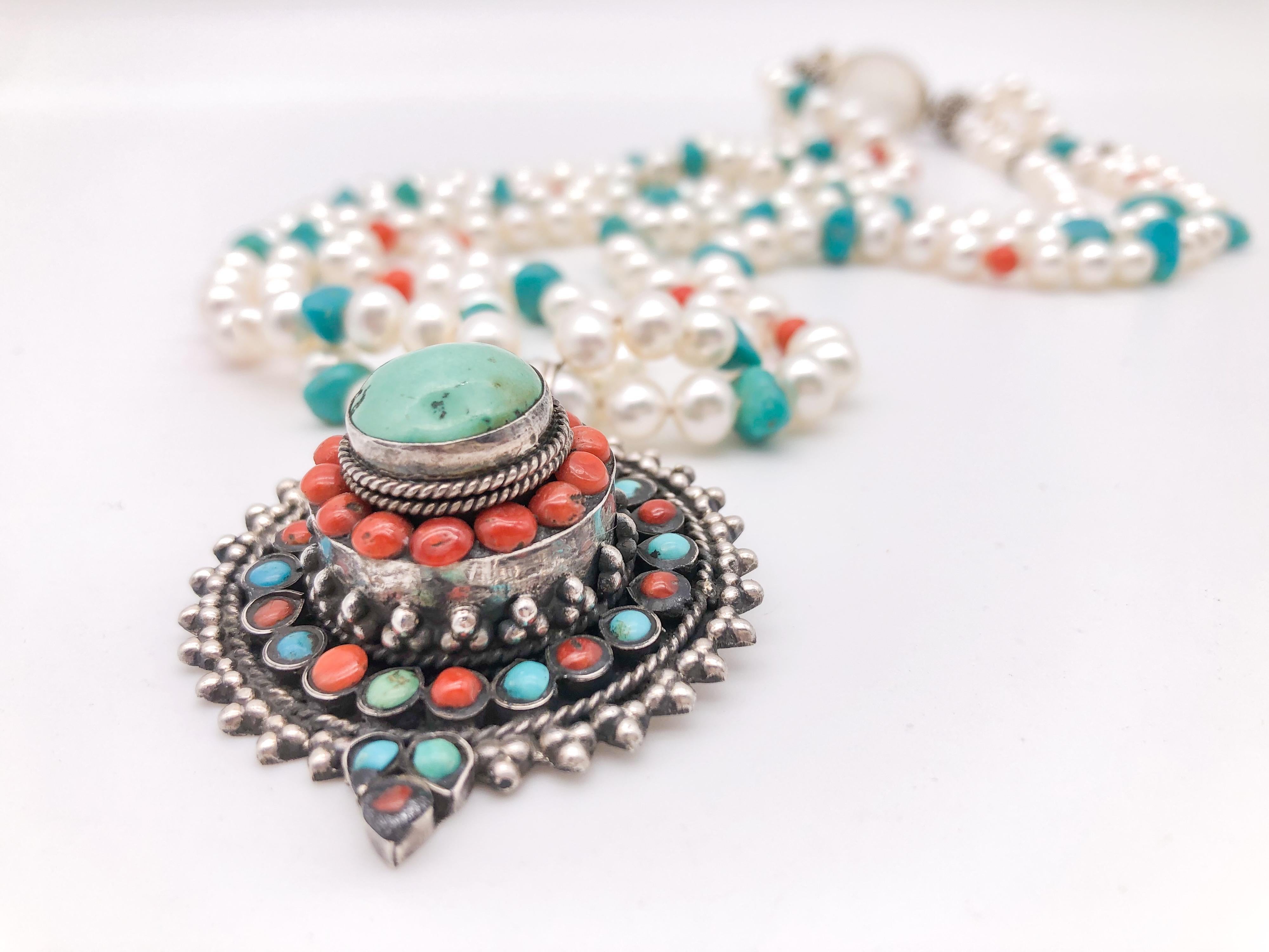 A.Jeschel Freshwater Pearls with Vintage Tibetan Turquoise pendant In New Condition For Sale In Miami, FL