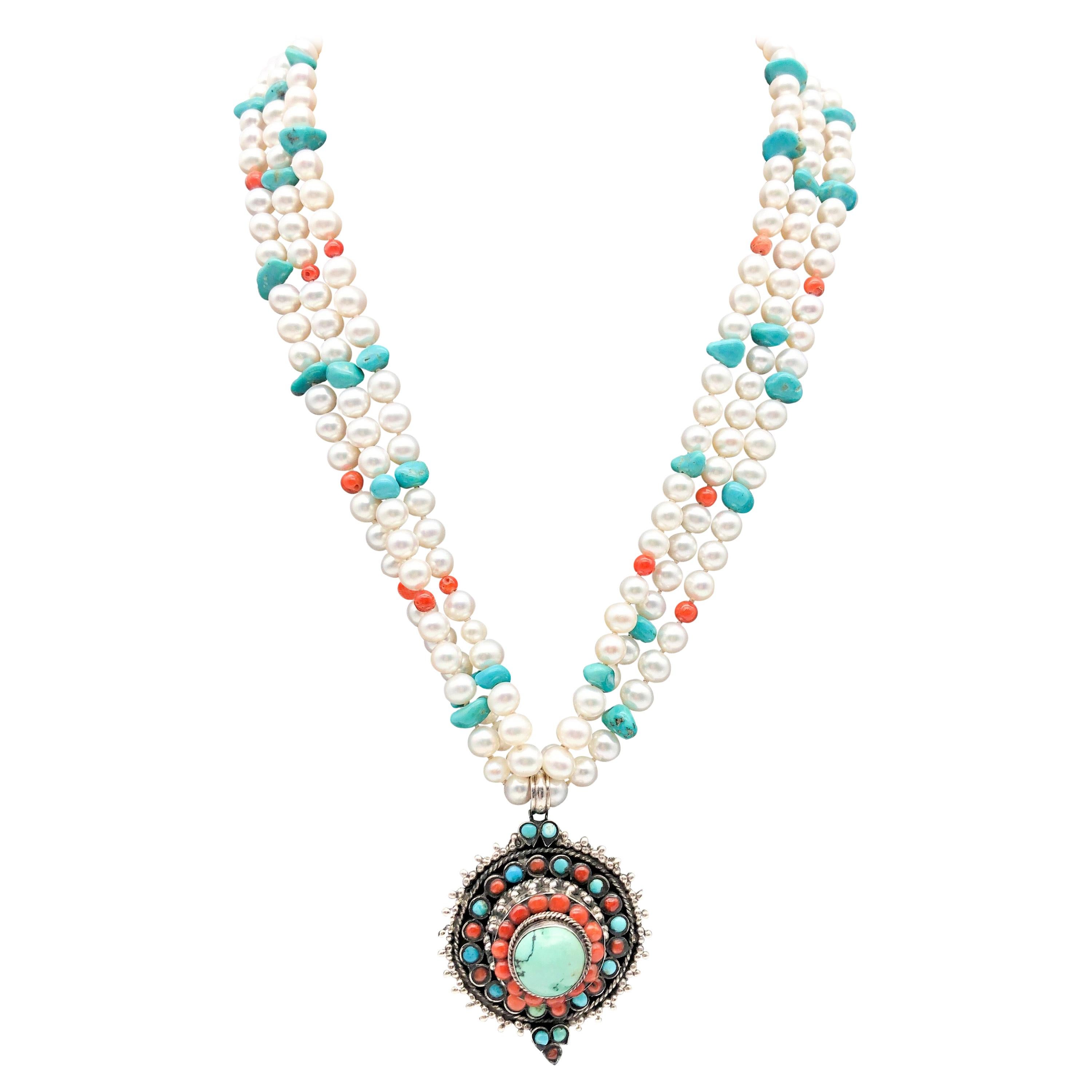 A.Jeschel Freshwater Pearls with Vintage Tibetan Turquoise pendant