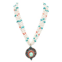 A.Jeschel Freshwater Pearls with Vintage Tibetan Turquoise pendant
