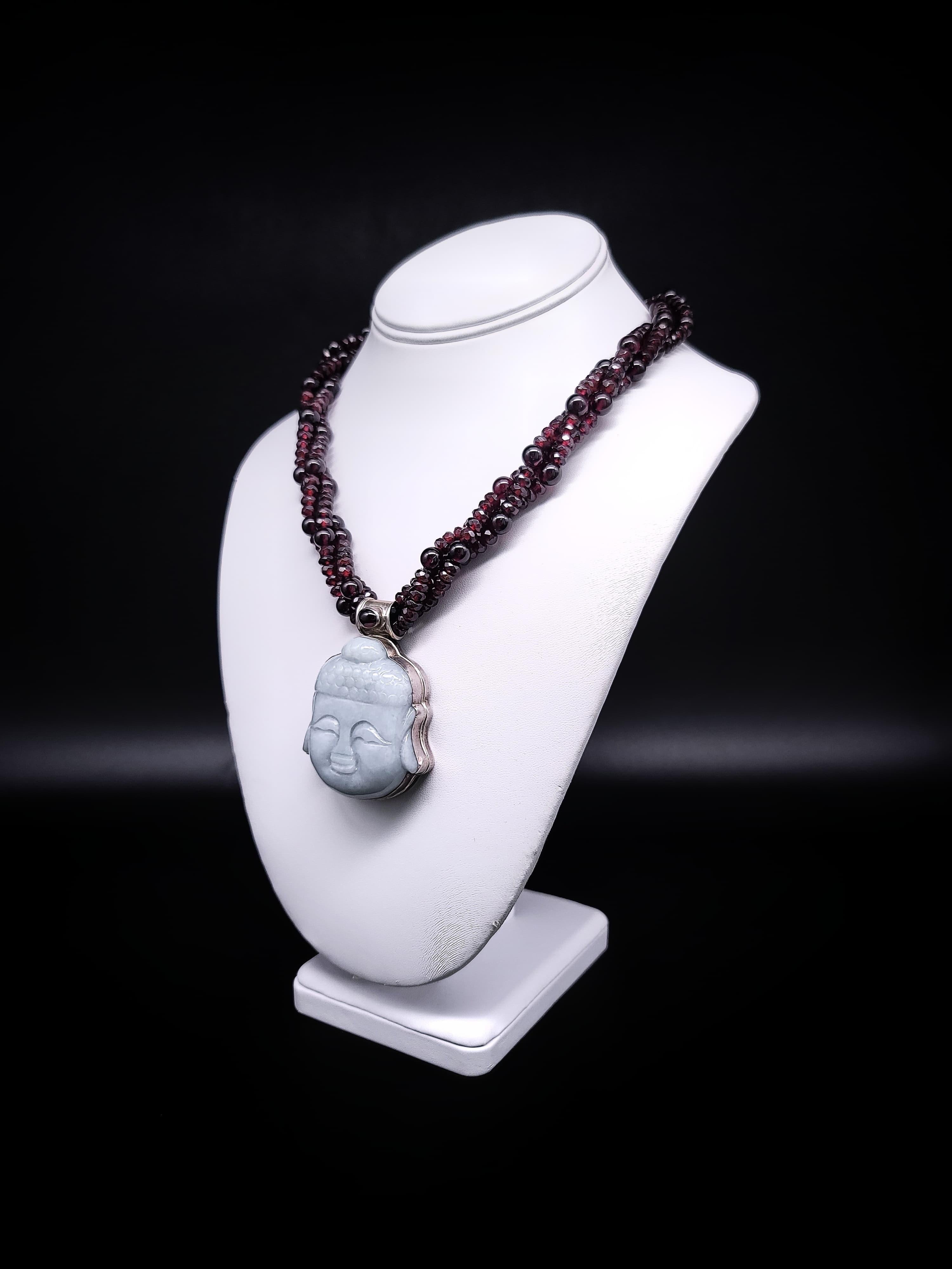 Contemporary A.Jeschel  Garnet with a Jade carved Buddha pendant necklace.