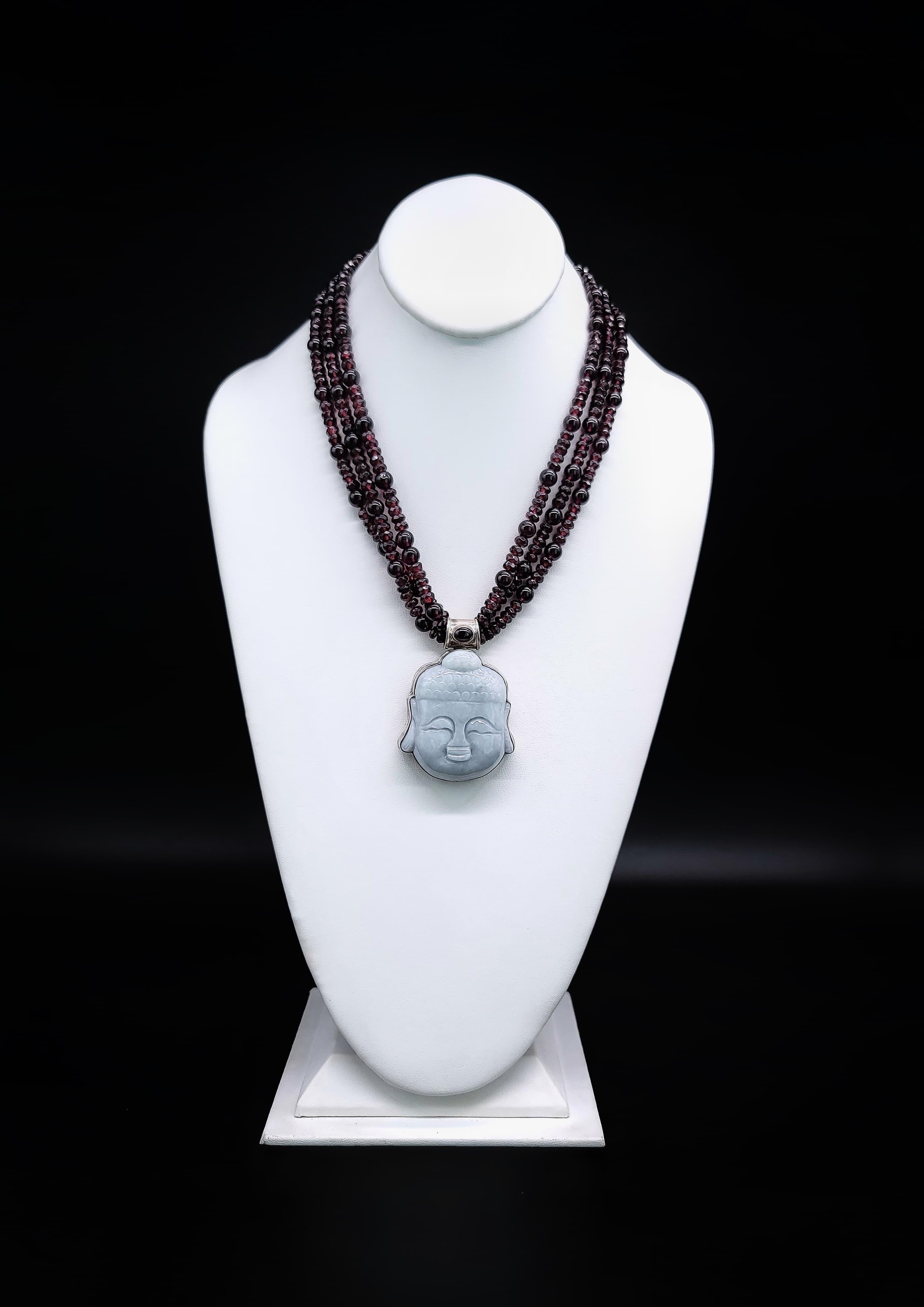 A.Jeschel  Garnet with a Jade carved Buddha pendant necklace. In New Condition In Miami, FL