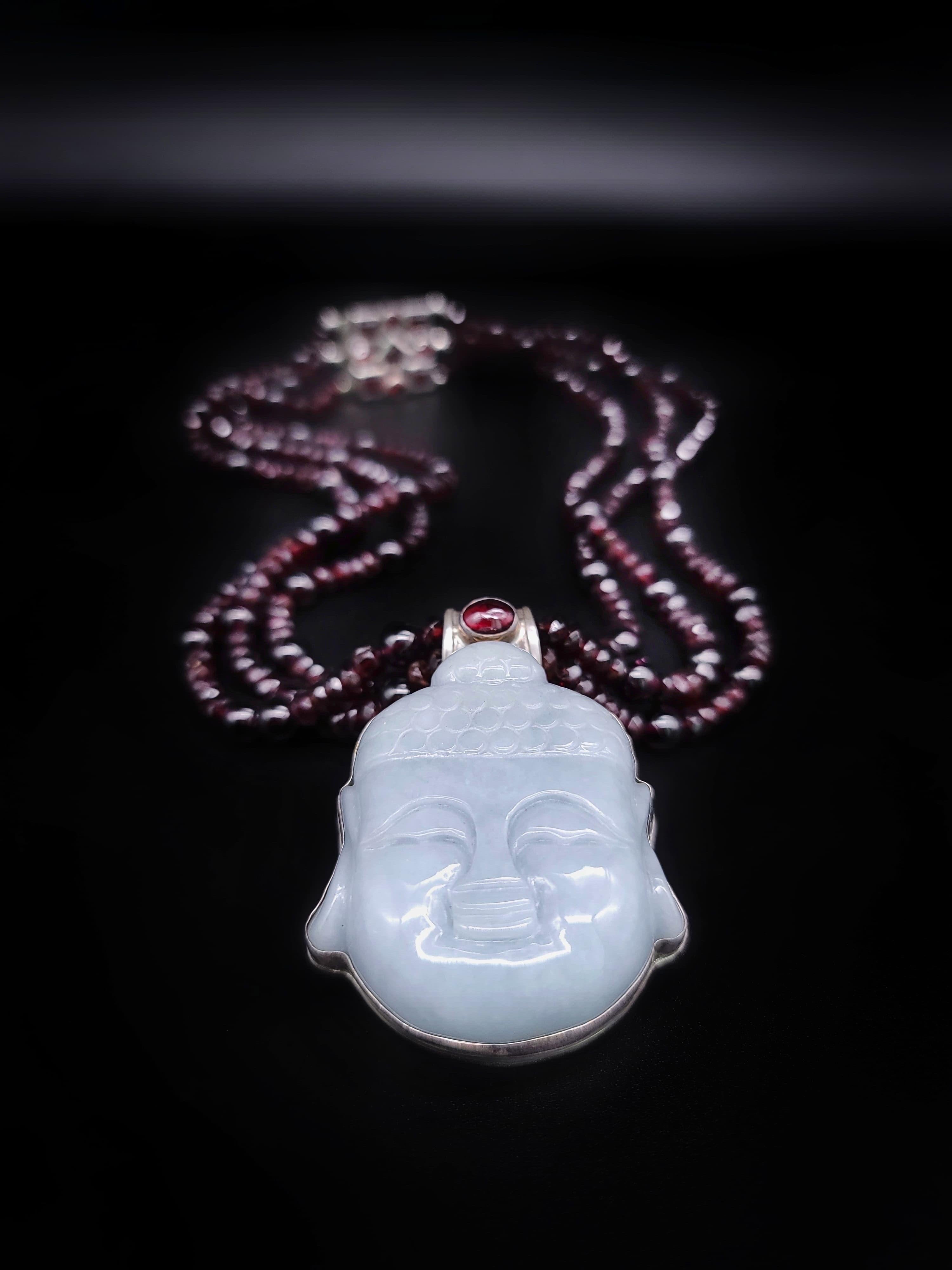 Women's or Men's A.Jeschel  Garnet with a Jade carved Buddha pendant necklace.