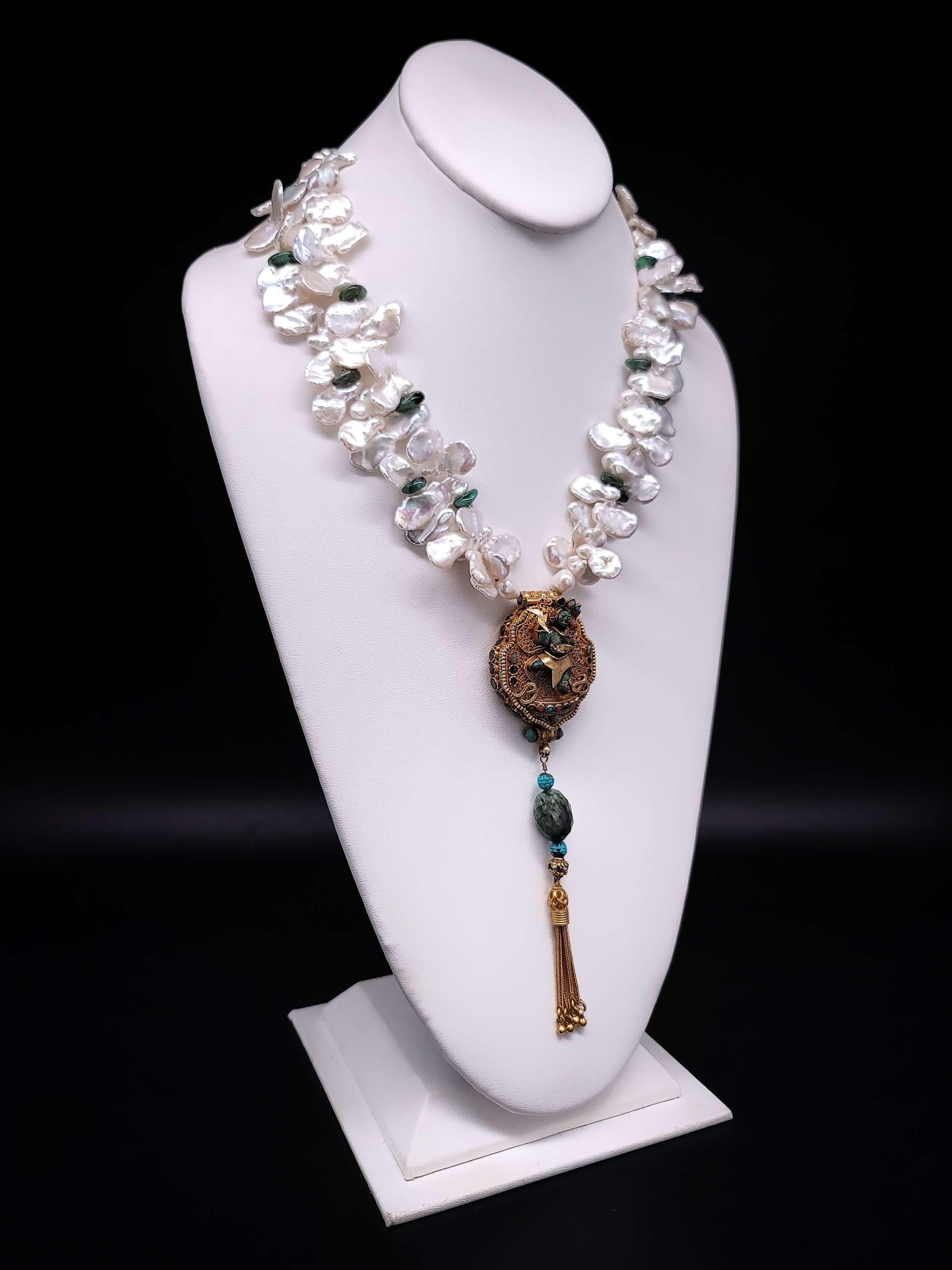 Women's or Men's A.Jeschel Ghau Box Pendant Emerald and Freshwater Keshi Pearl Necklace For Sale