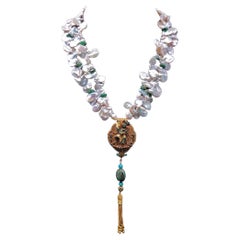 A.Jeschel Ghau Box Pendant Emerald and Freshwater Keshi Pearl Necklace