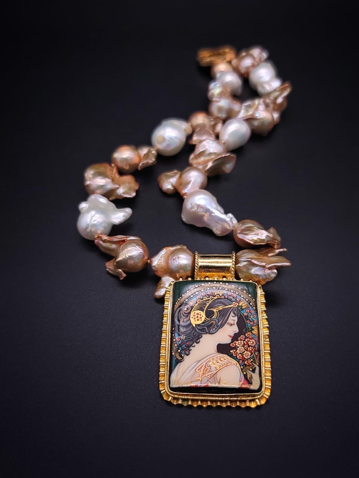 A.Jeschel Glamorous Baroque Pearl with an Art Deco miniature pendant. In New Condition In Miami, FL