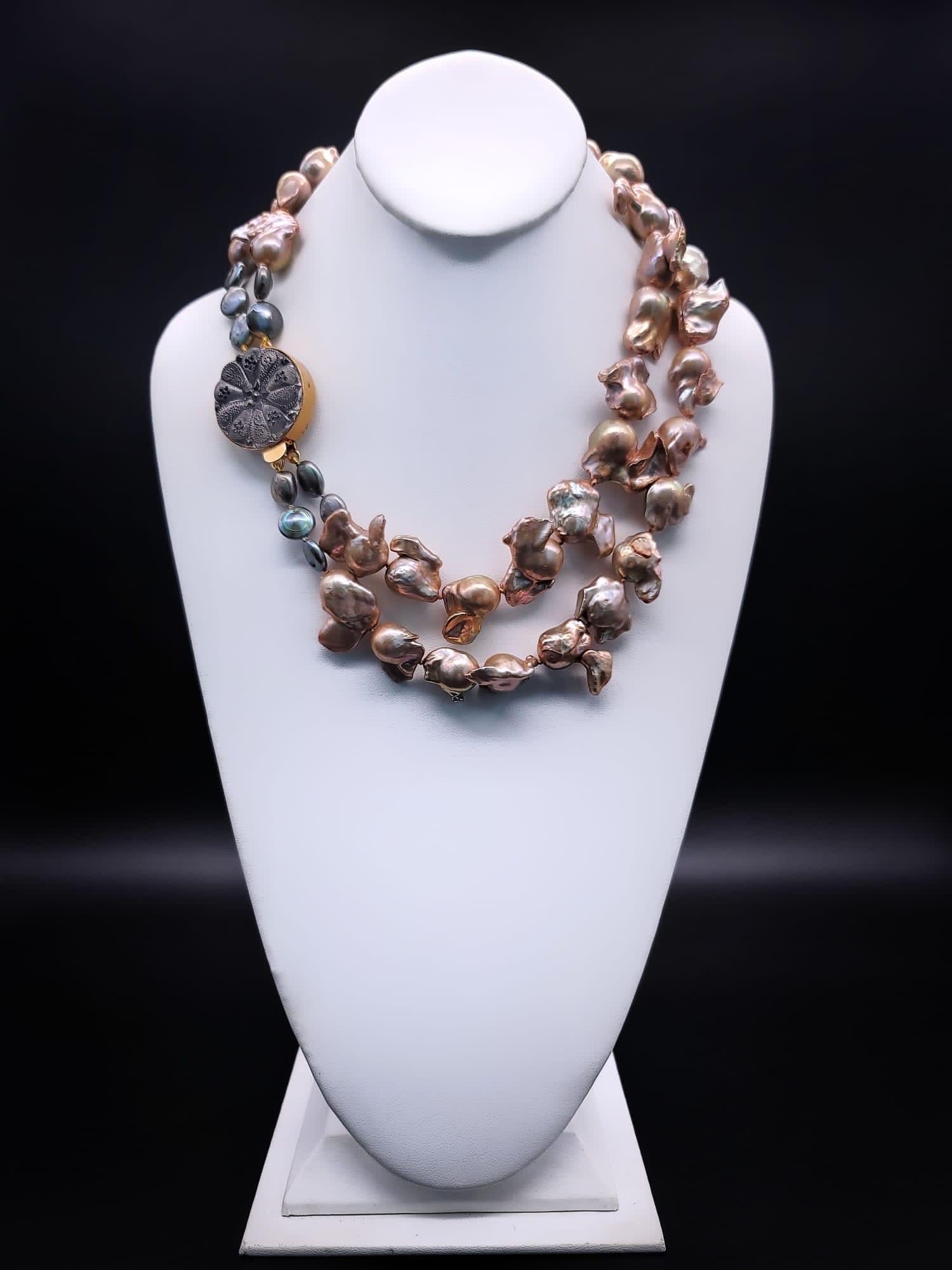 A.Jeschel Gold Baroque Pearl Necklace with a signature clasp. 4