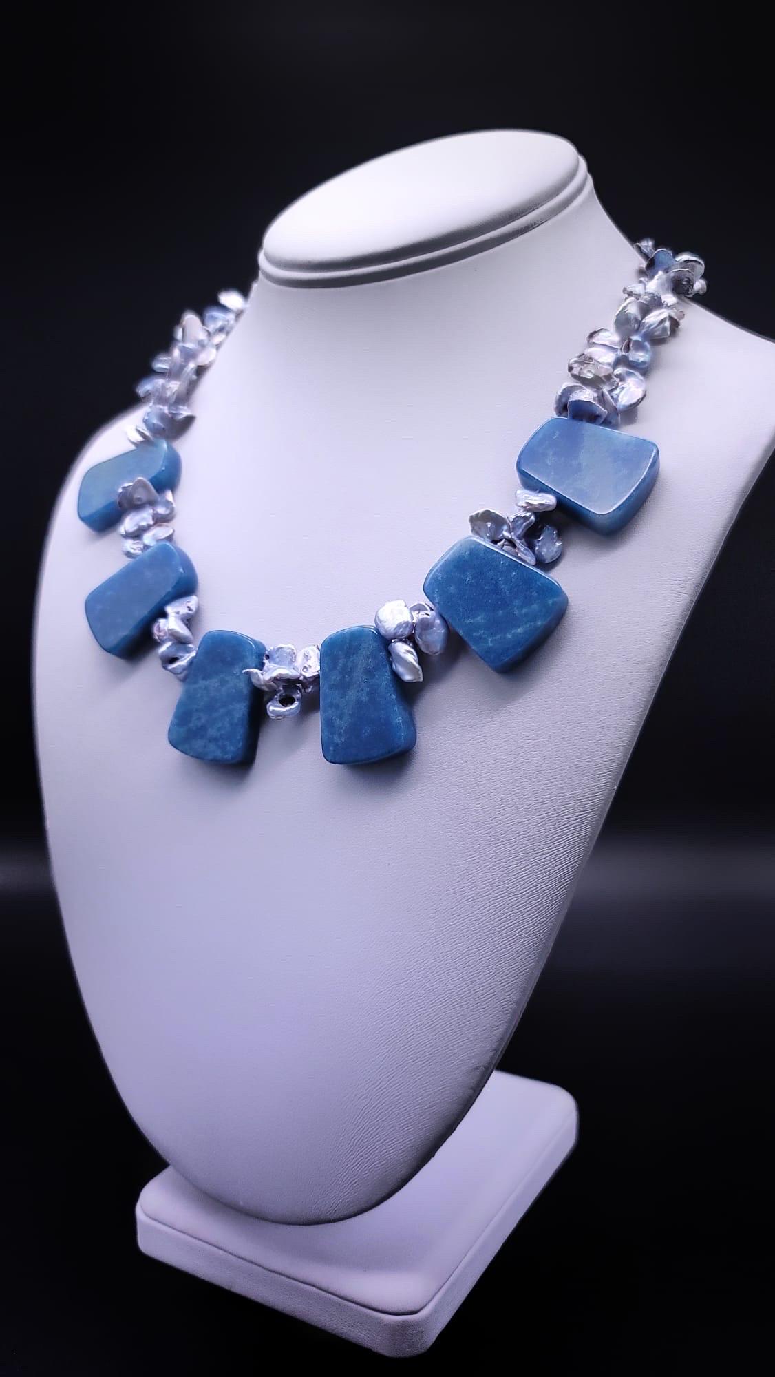 A.Jeschel Havenly Blue Quartz and Baroque Pearl necklace. For Sale 3