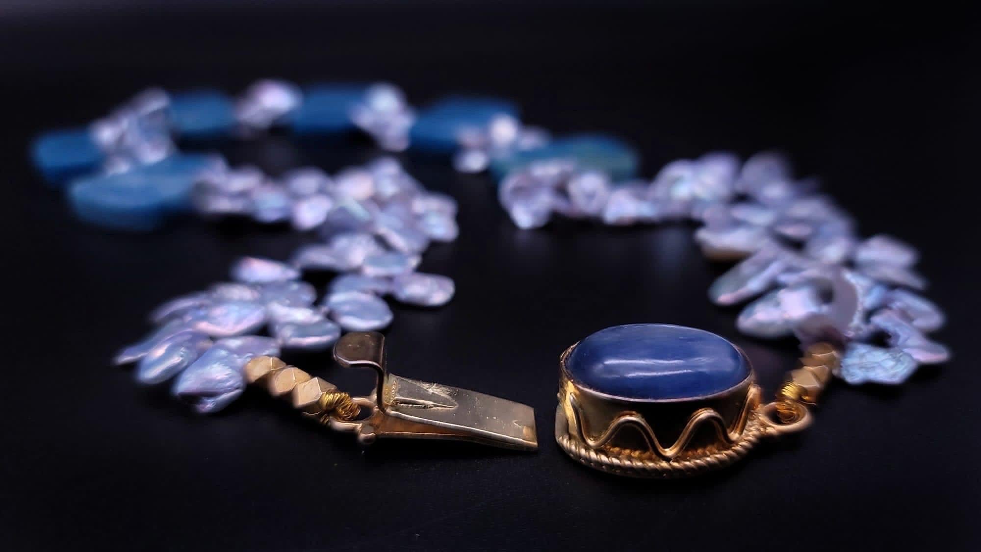 A.Jeschel Havenly Blue Quartz and Baroque Pearl necklace. For Sale 6