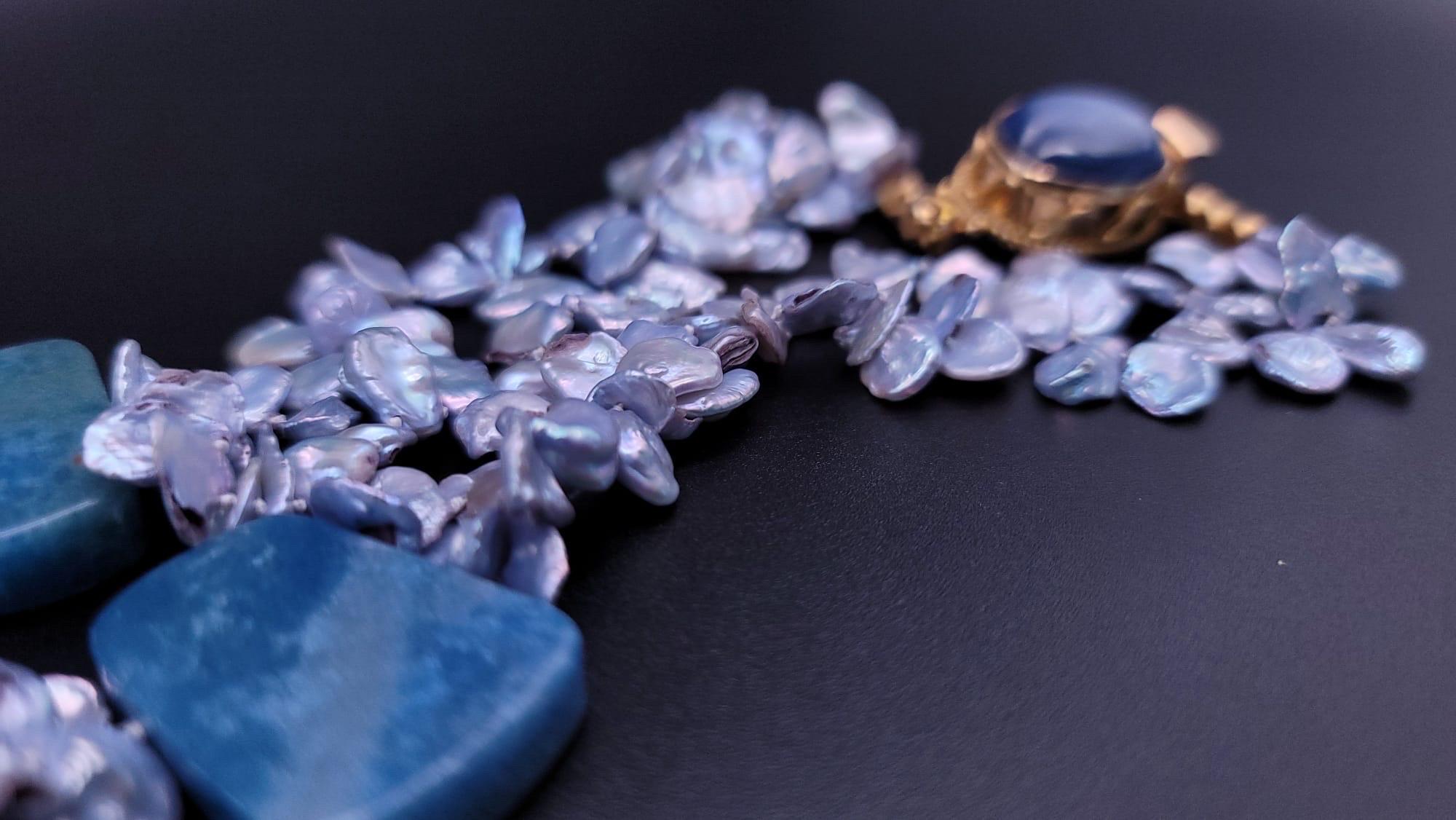 A.Jeschel Havenly Blue Quartz and Baroque Pearl necklace. For Sale 7