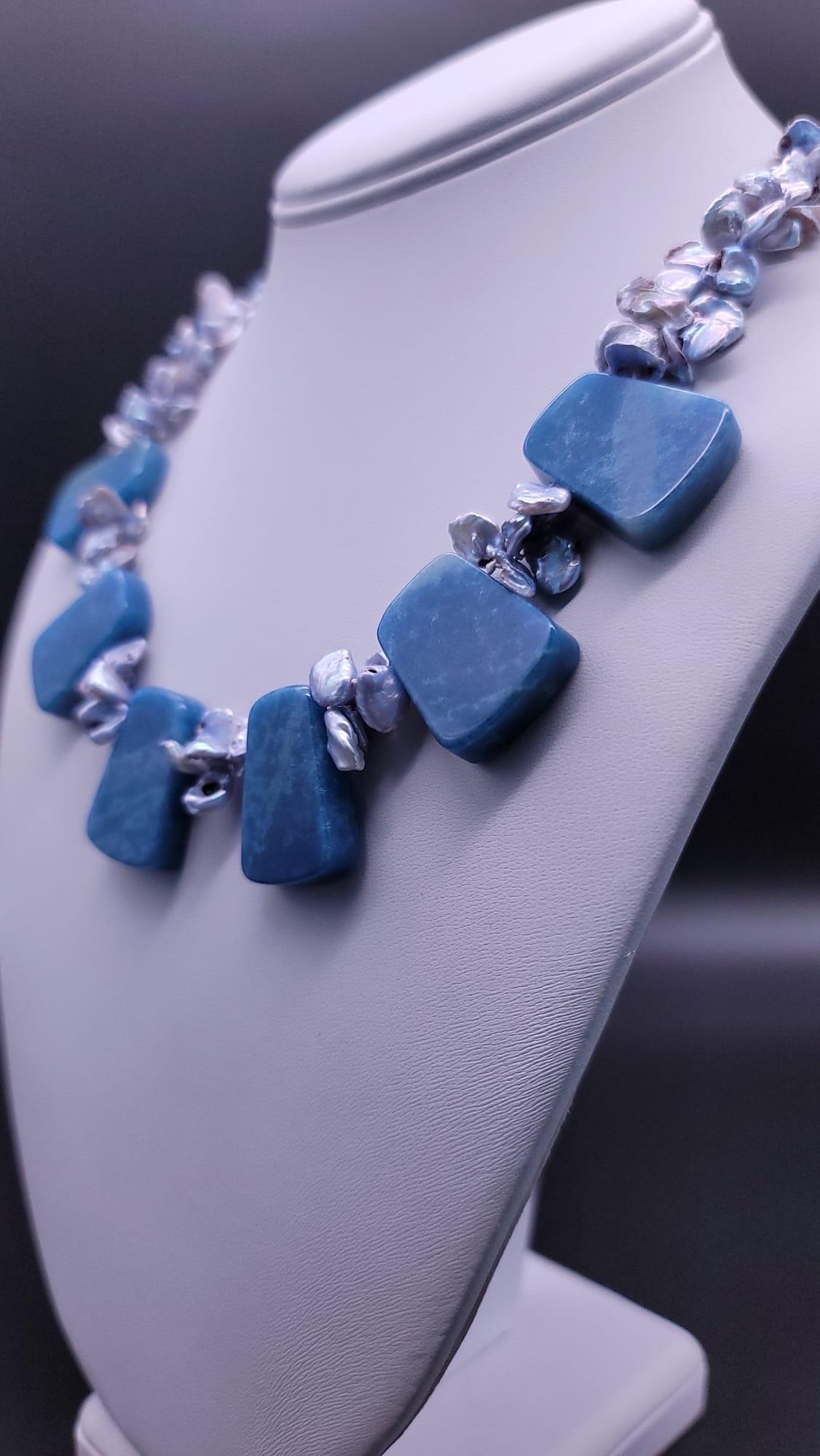 Women's or Men's A.Jeschel Havenly Blue Quartz and Baroque Pearl necklace. For Sale