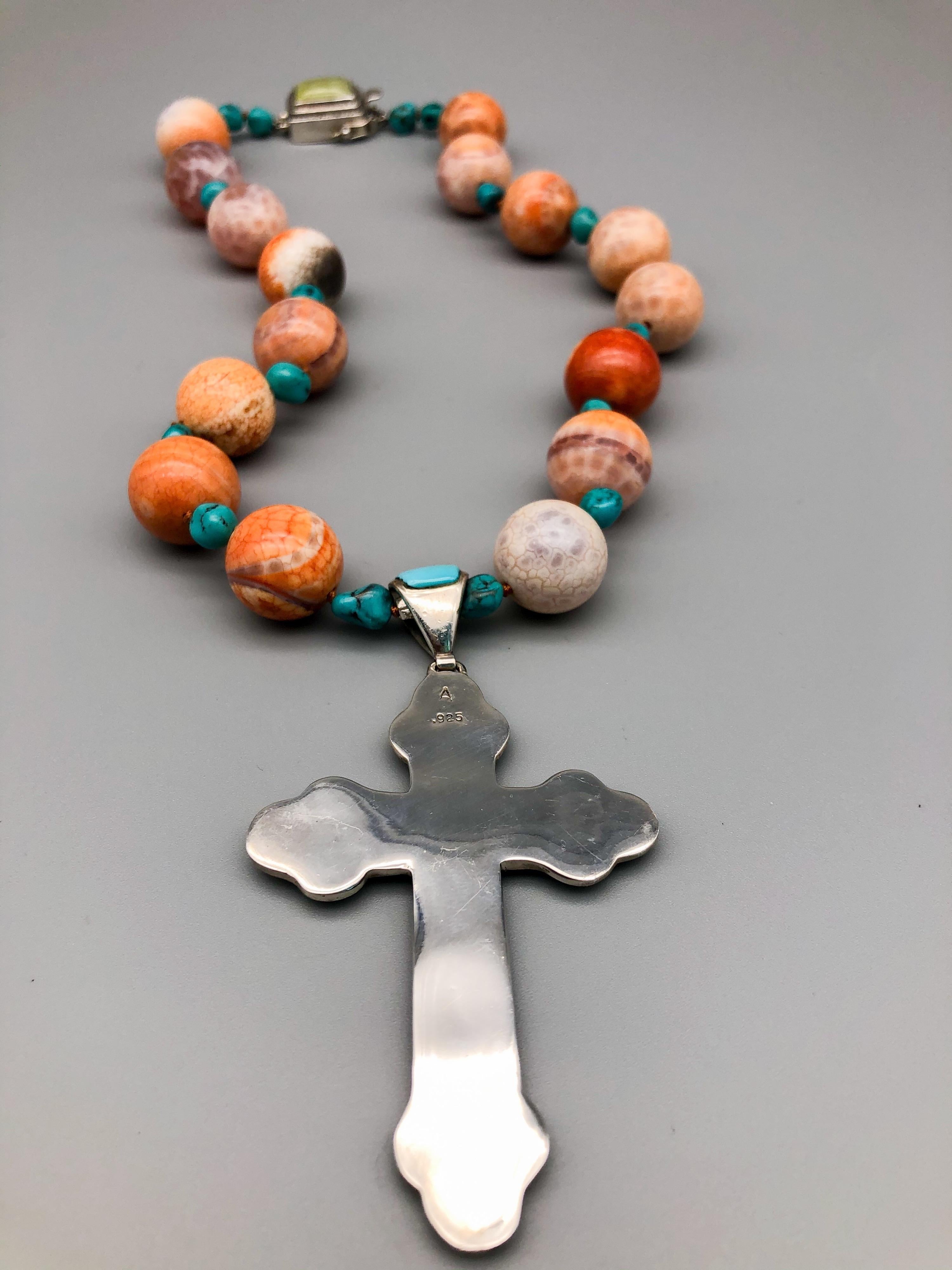 A.Jeschel Mexican fire Opal and Turquoise Sterling Silver cross necklace 2