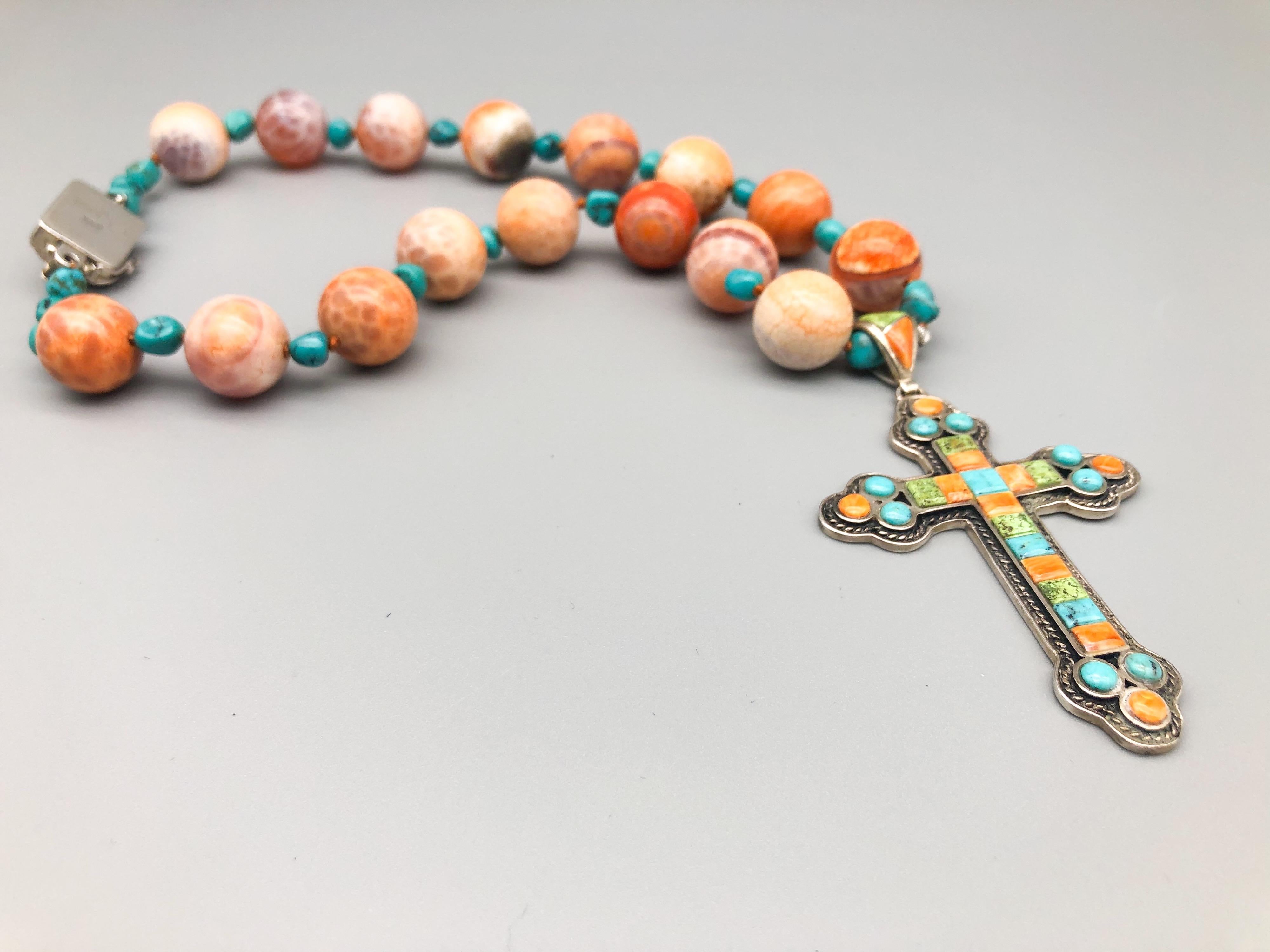 Contemporary A.Jeschel Mexican fire Opal and Turquoise Sterling Silver cross necklace