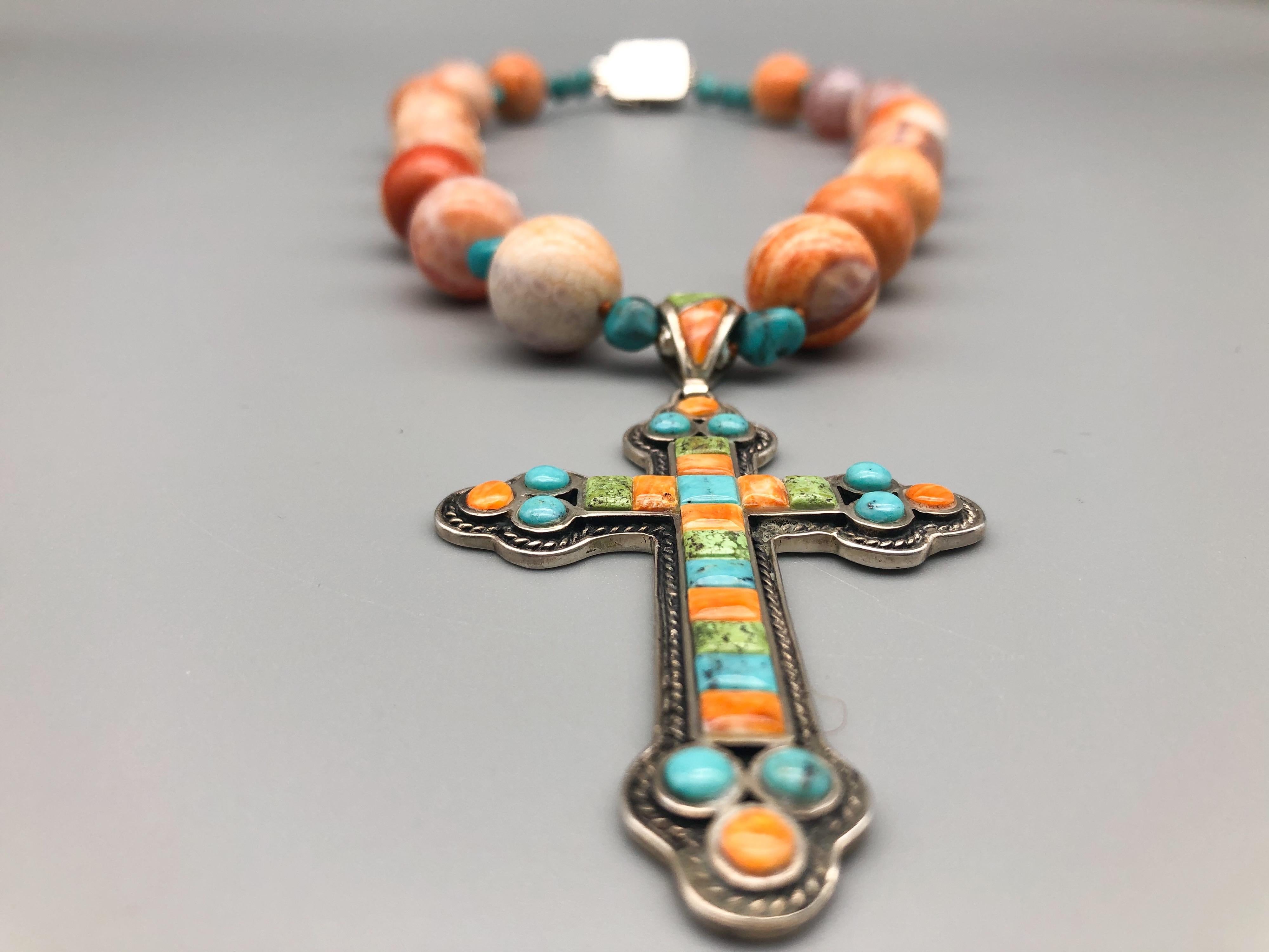 Mixed Cut A.Jeschel Mexican fire Opal and Turquoise Sterling Silver cross necklace