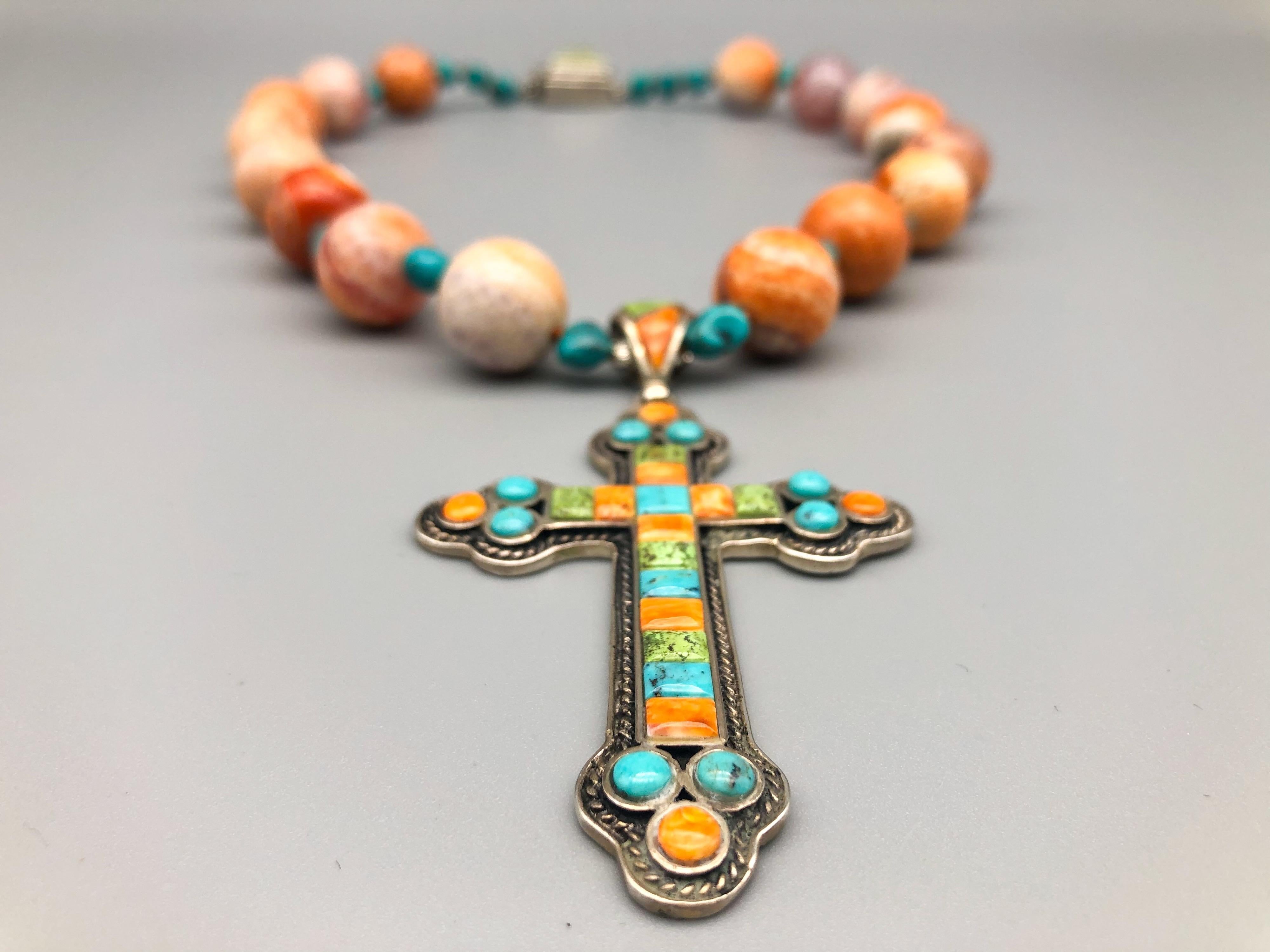 A.Jeschel Mexican fire Opal and Turquoise Sterling Silver cross necklace In New Condition In Miami, FL