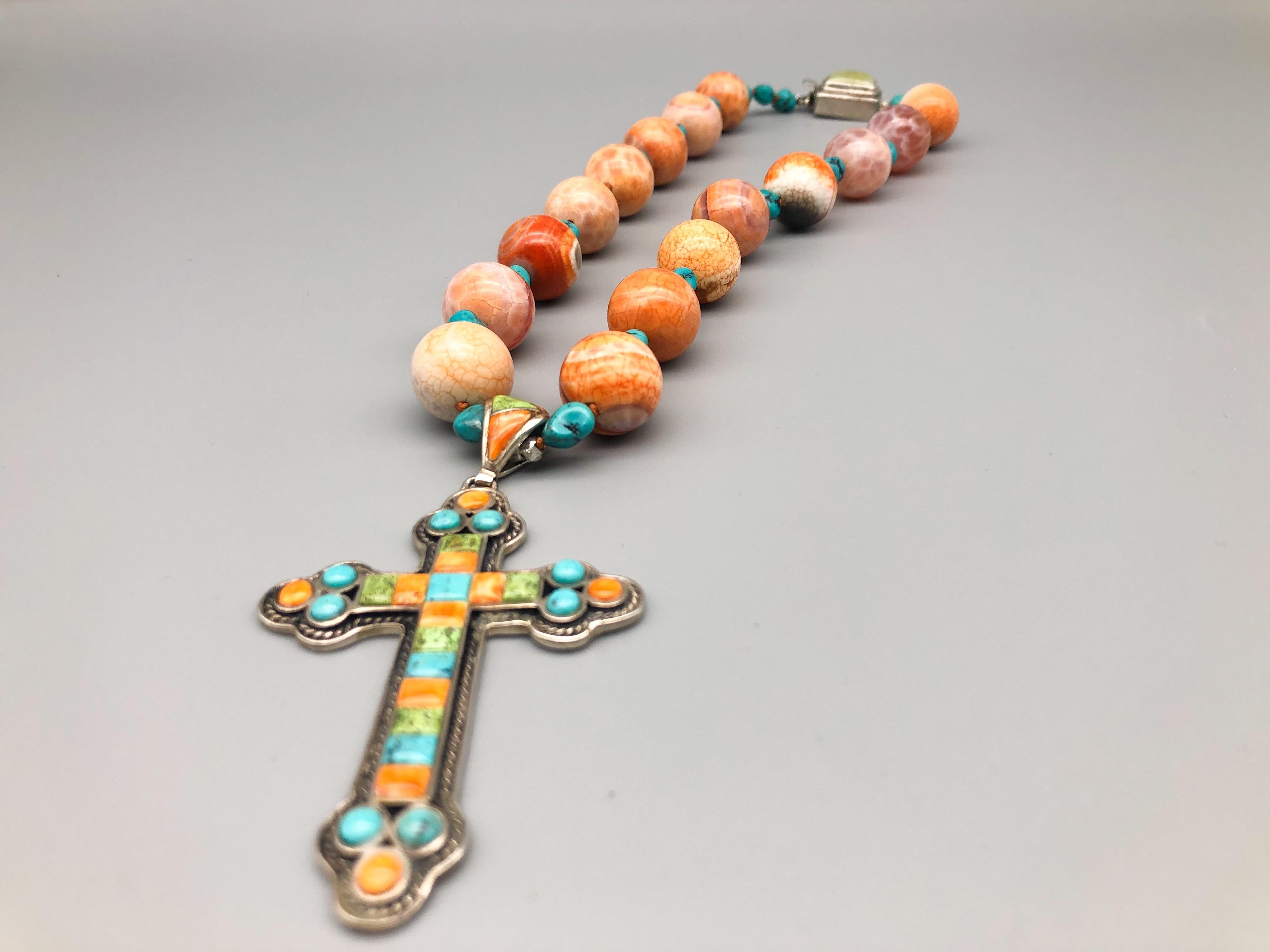 A.Jeschel Mexican fire Opal and Turquoise Sterling Silver cross necklace 1