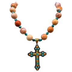 A.Jeschel Mexican fire Opal and Turquoise Sterling Silver cross necklace