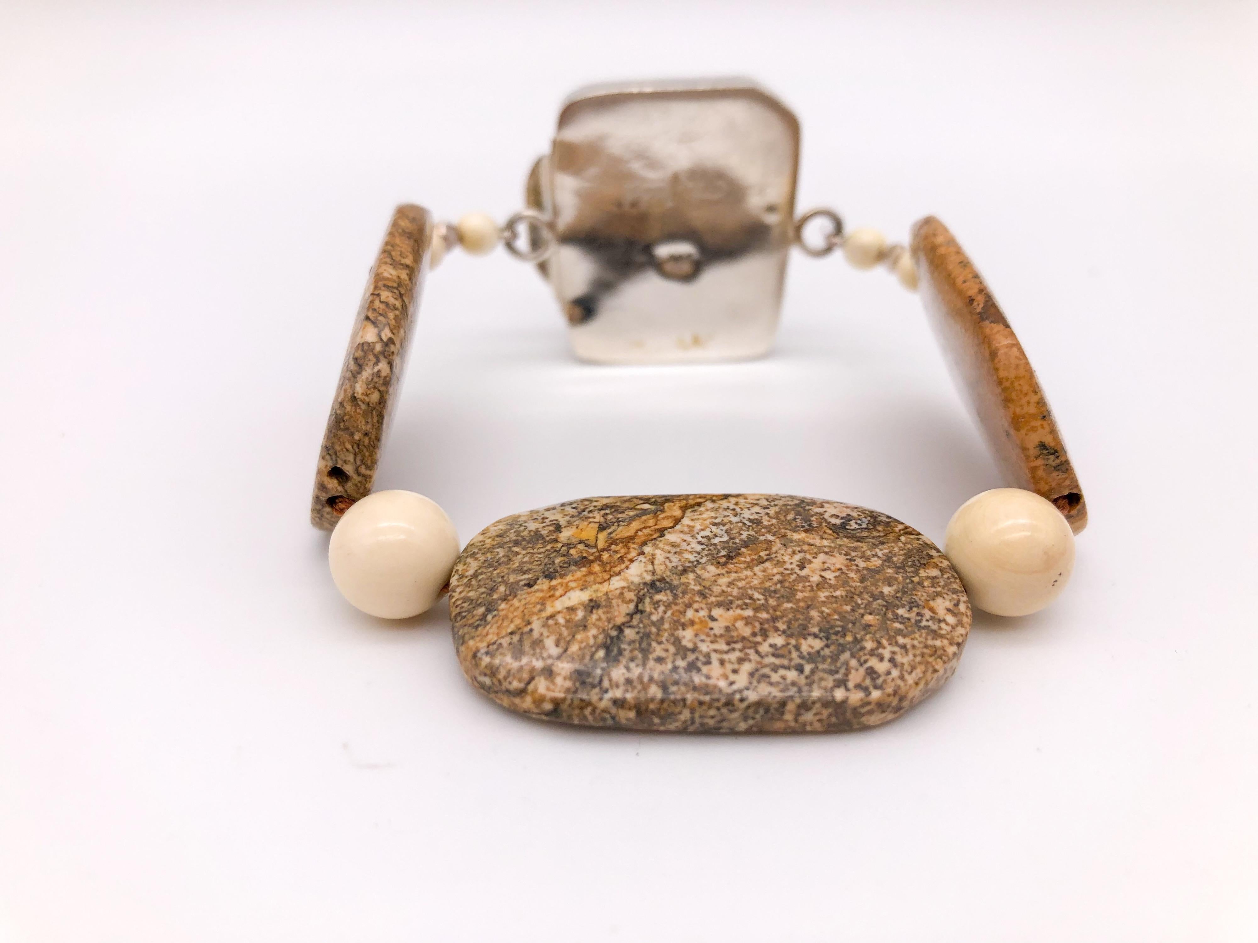 Mixed Cut A.Jeschel  Jasper, carved bone, vintage silver Buddha bracelet. For Sale