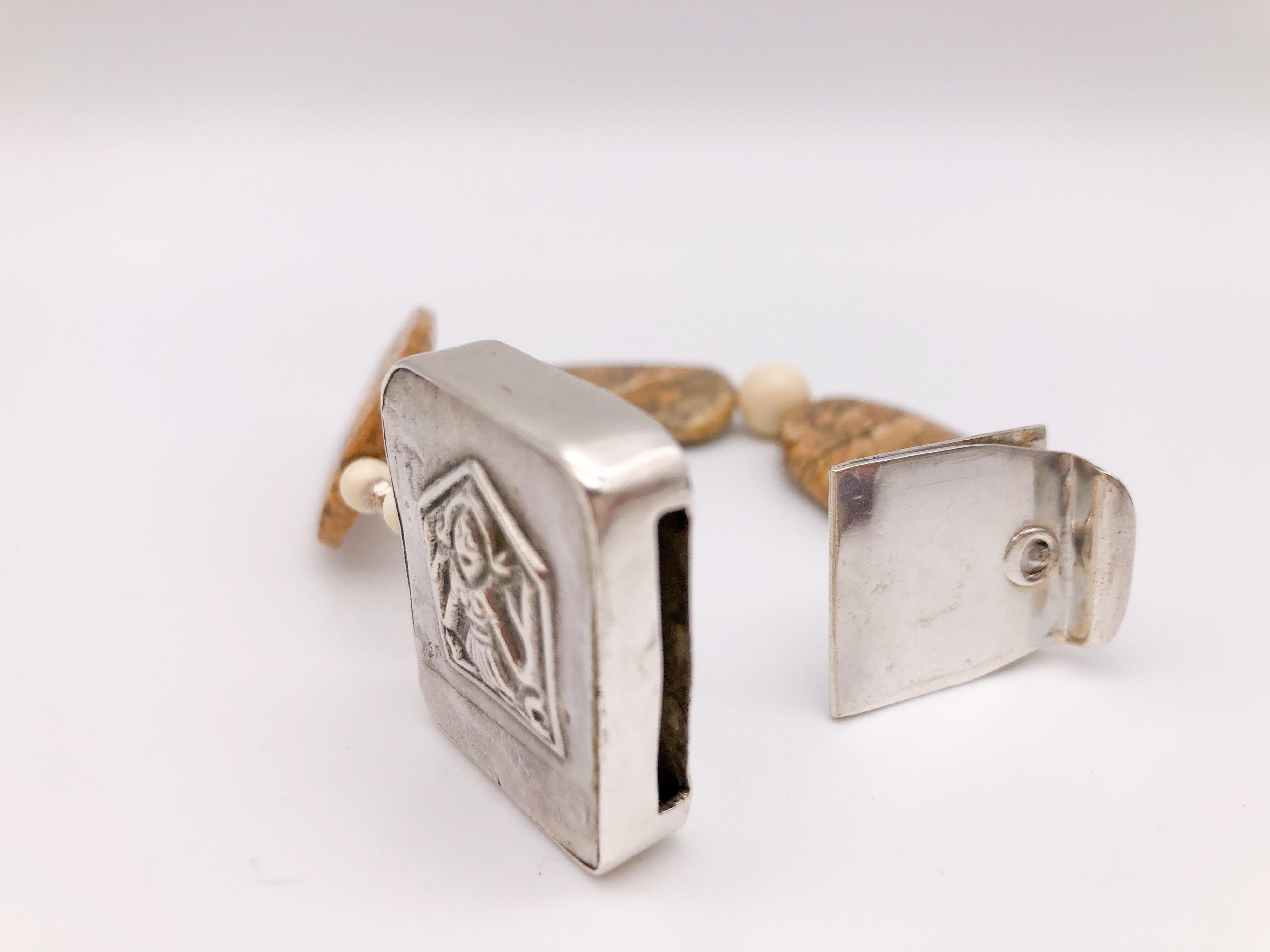 A.Jeschel  Jasper, carved bone, vintage silver Buddha bracelet. In New Condition For Sale In Miami, FL