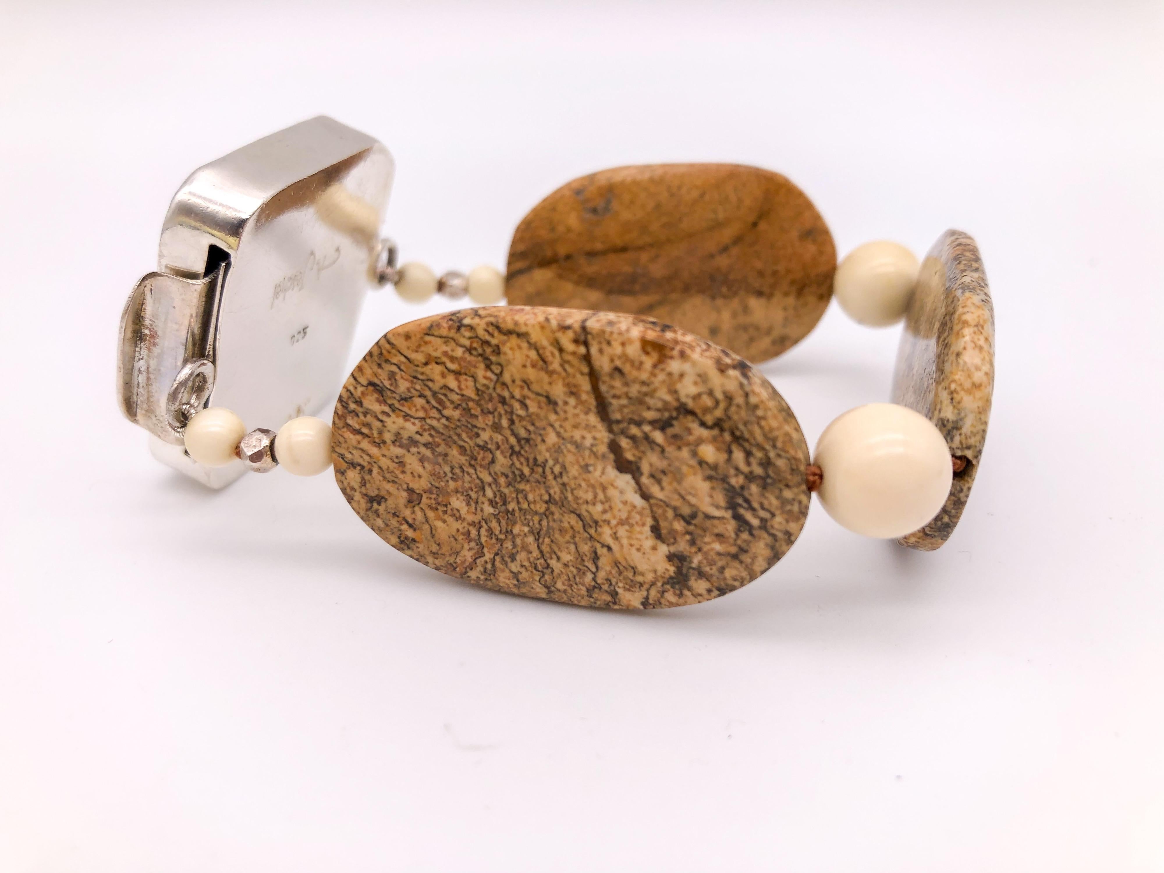 Women's A.Jeschel  Jasper, carved bone, vintage silver Buddha bracelet. For Sale