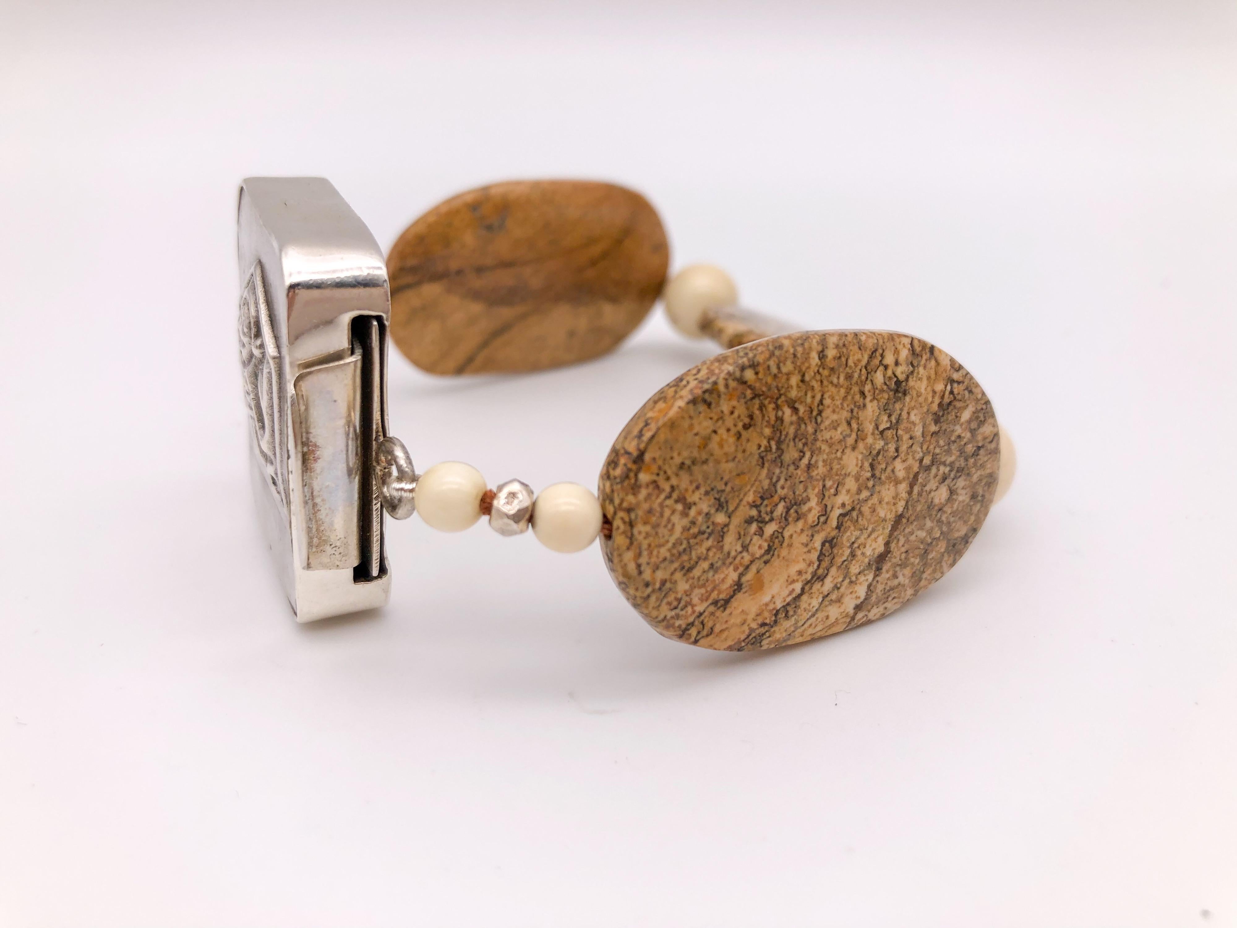 A.Jeschel  Jasper, carved bone, vintage silver Buddha bracelet. For Sale 1