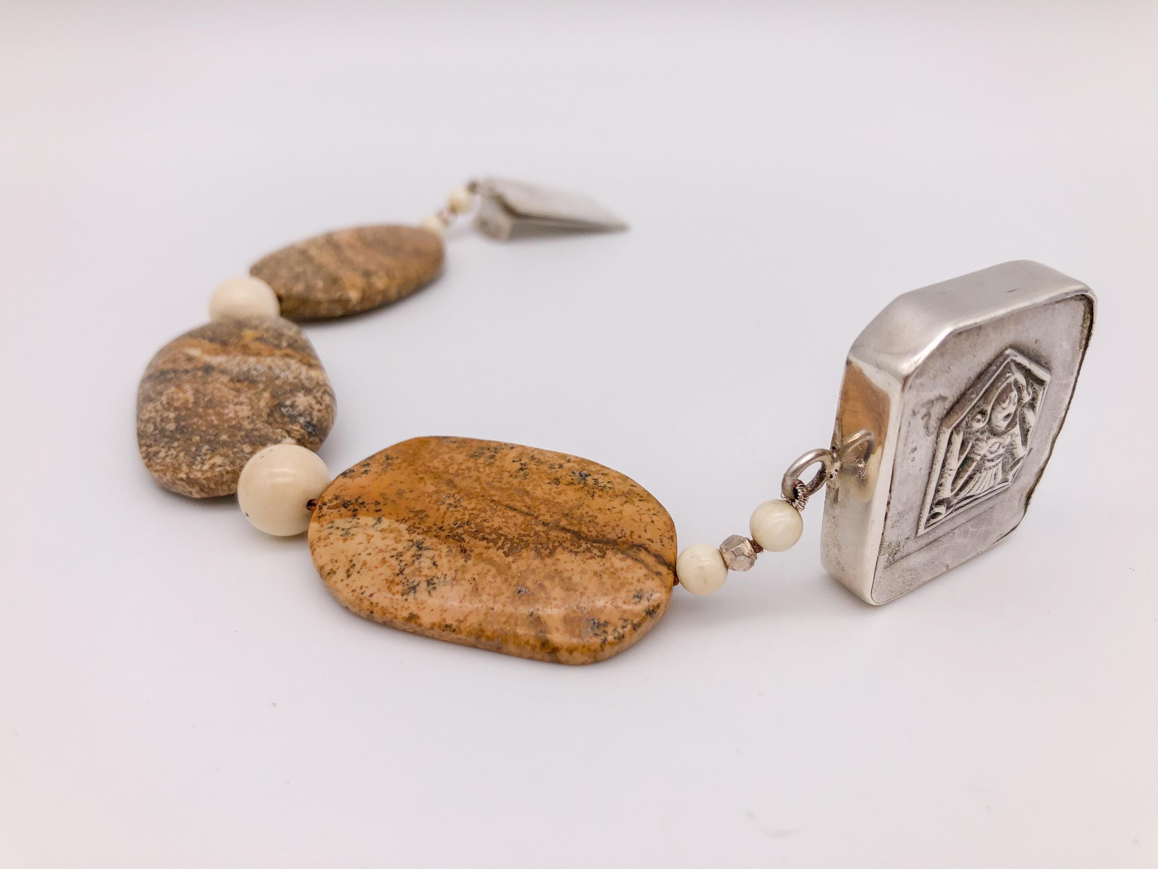 A.Jeschel  Jasper, carved bone, vintage silver Buddha bracelet. For Sale 2