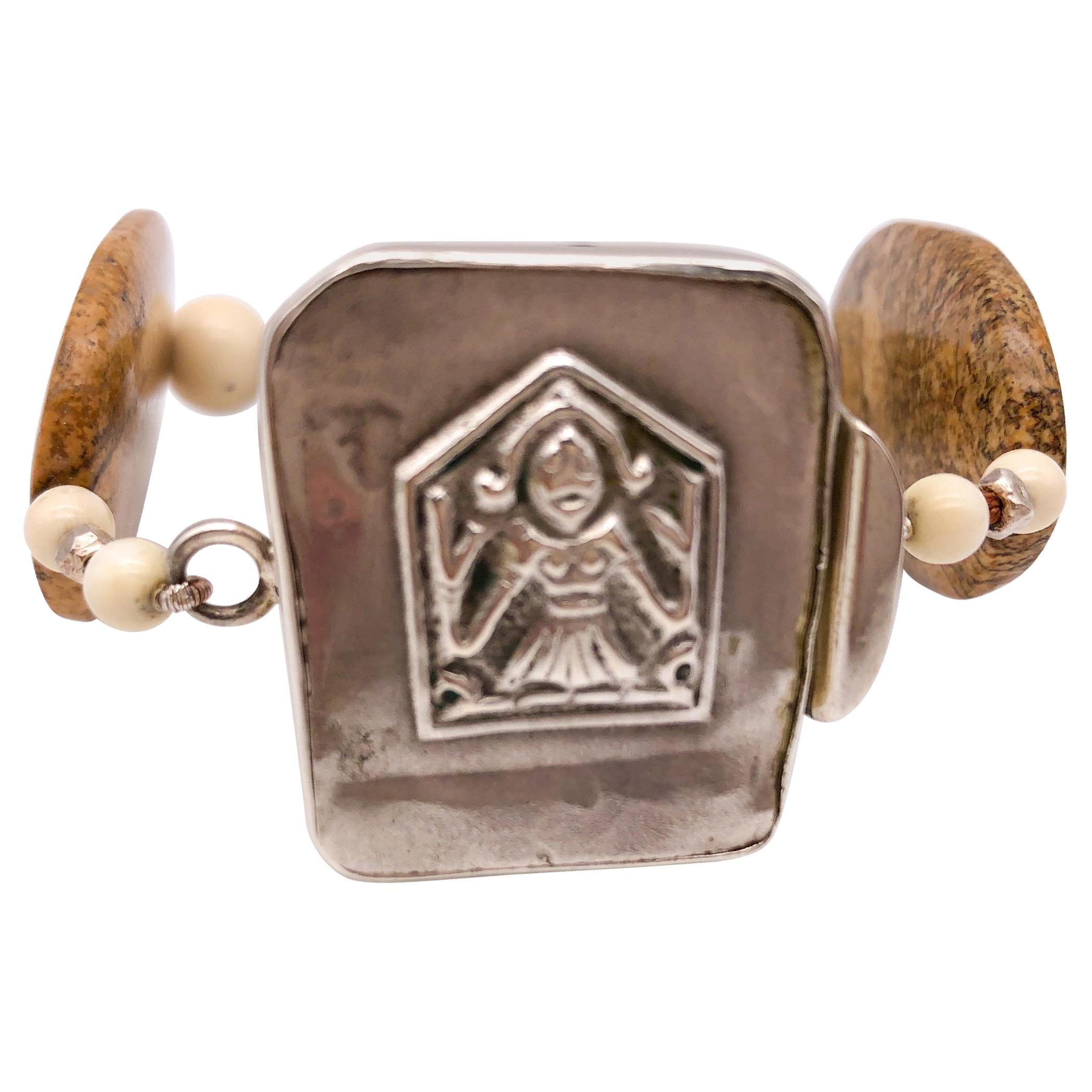 A.Jeschel  Jasper, carved bone, vintage silver Buddha bracelet.