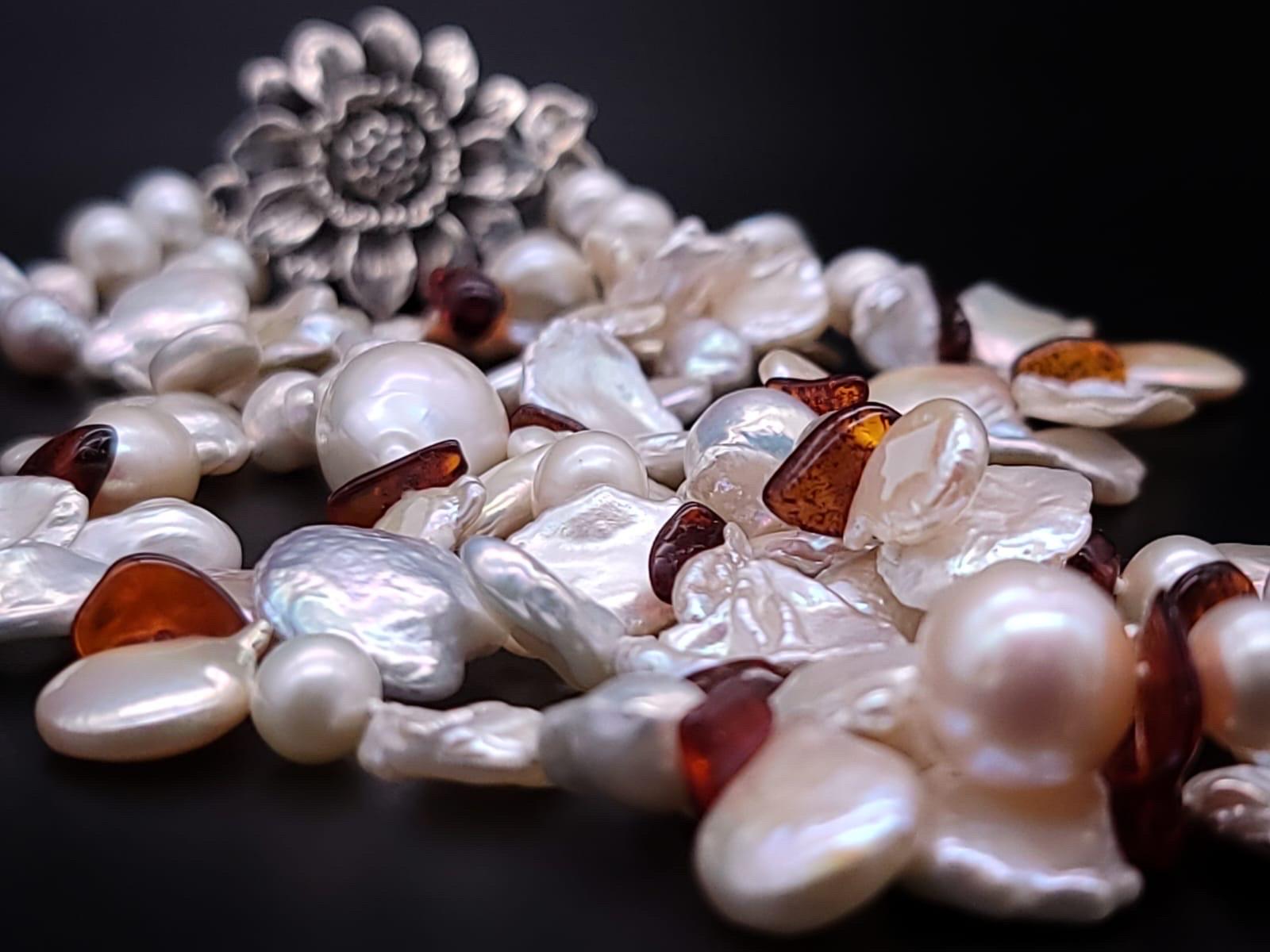 A.Jeschel Keshi Pearl necklace with an Amber Cross. For Sale 4