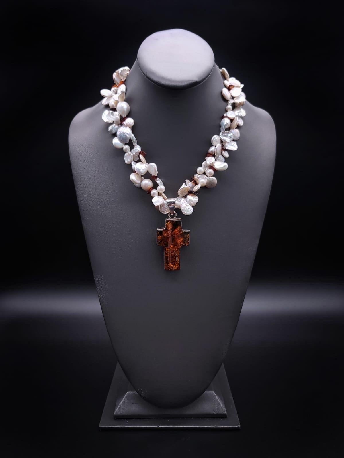 A.Jeschel Keshi Pearl necklace with an Amber Cross. For Sale 6