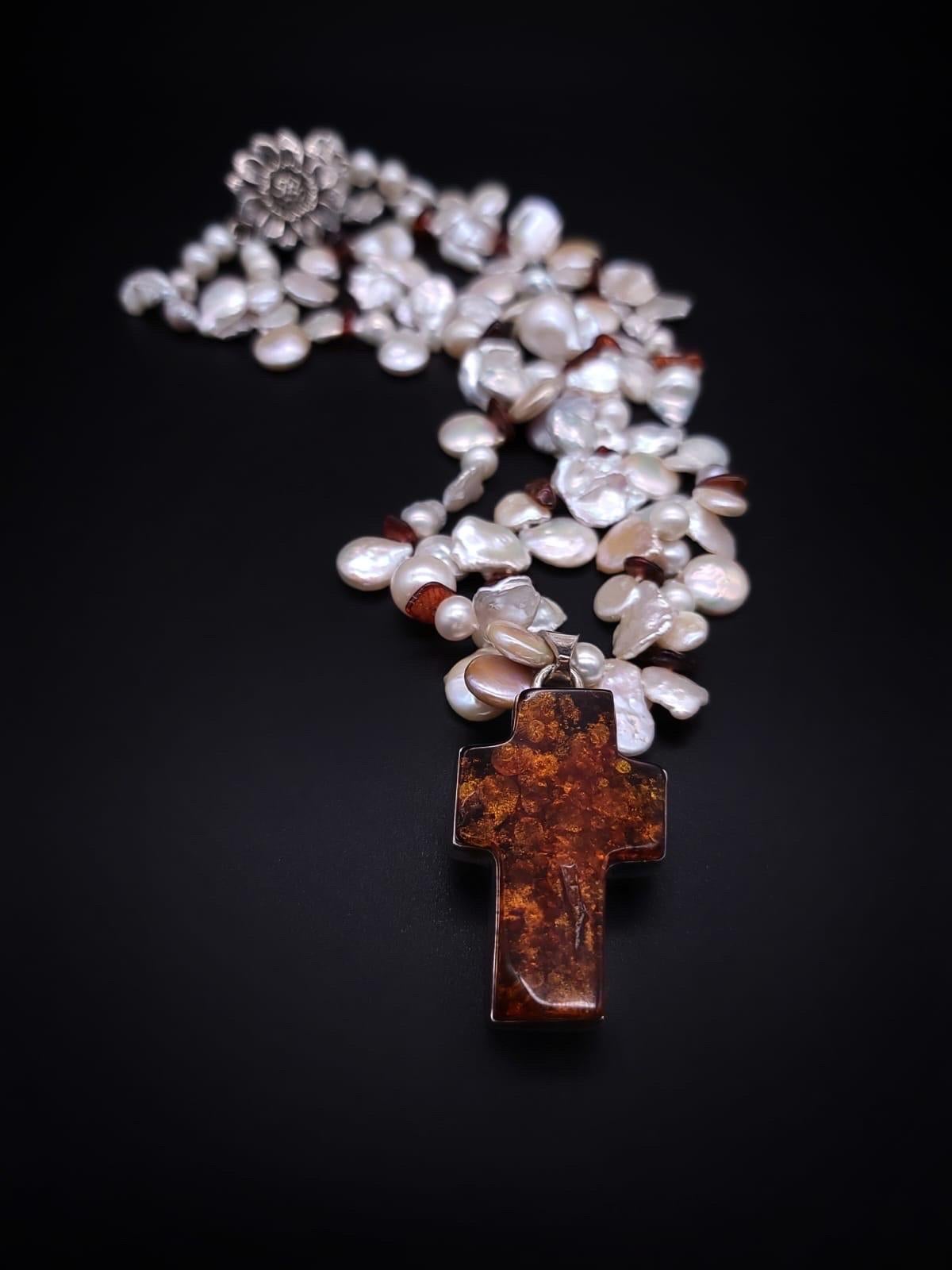 A.Jeschel Keshi Pearl necklace with an Amber Cross. In New Condition For Sale In Miami, FL
