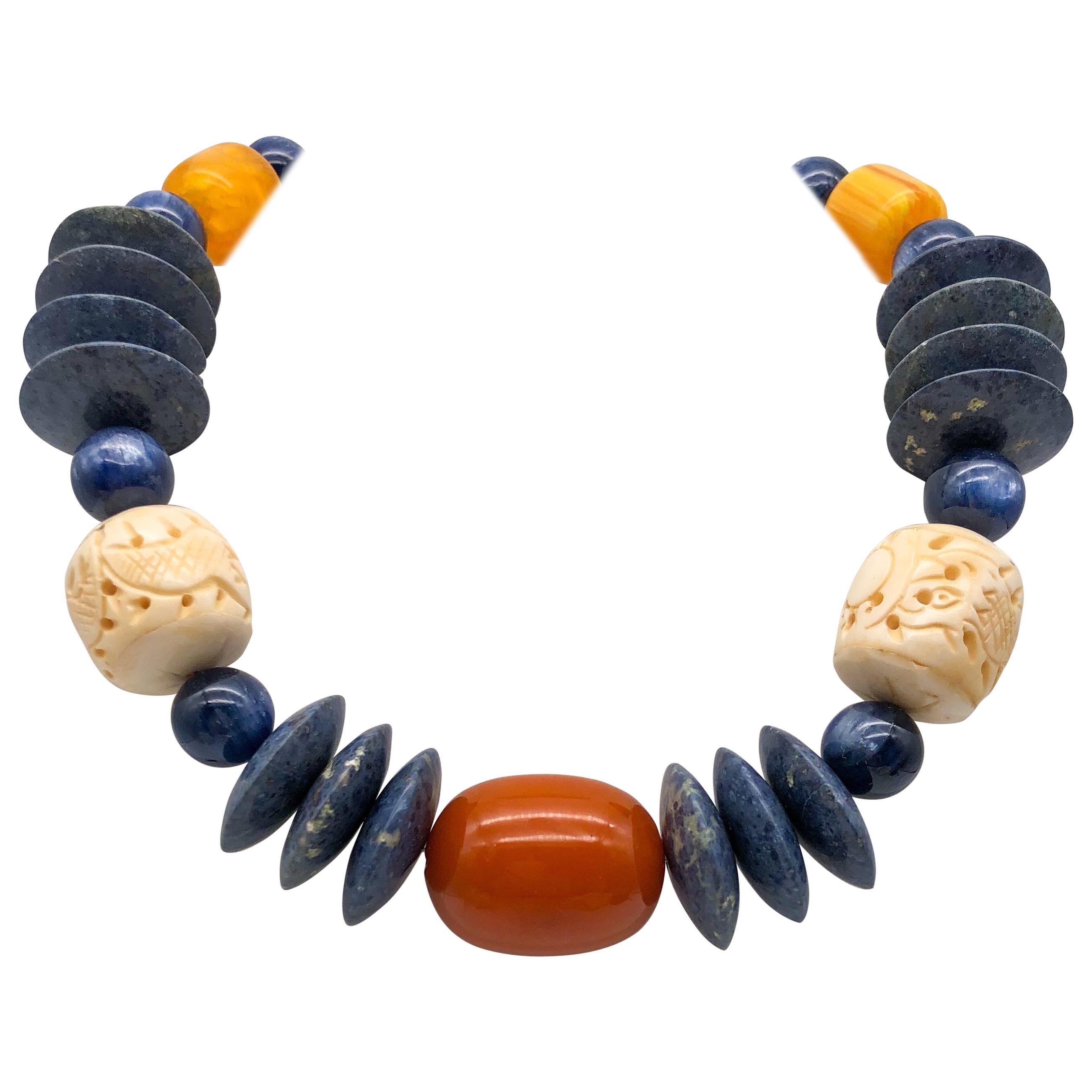 A.Jeschel Kyanite, coral, sodalite combine in bold, strong necklace. 