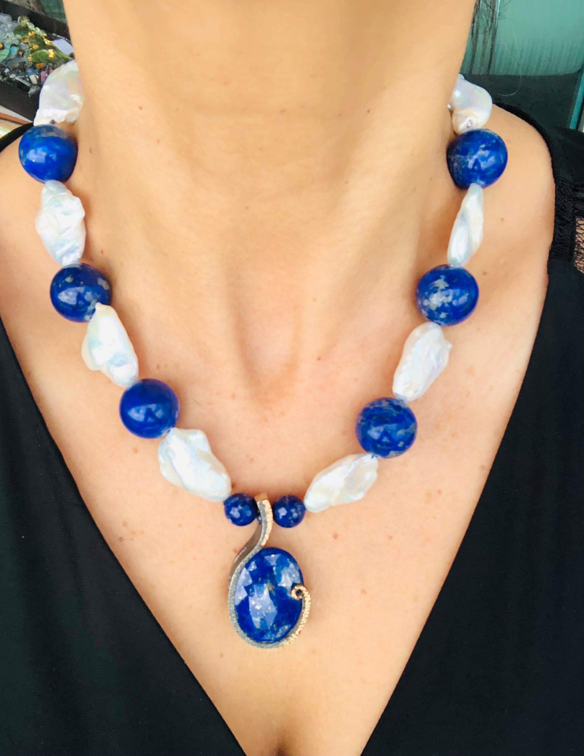 A.Jeschel Stunning Lapis and Baroque Pearls necklace. For Sale 2