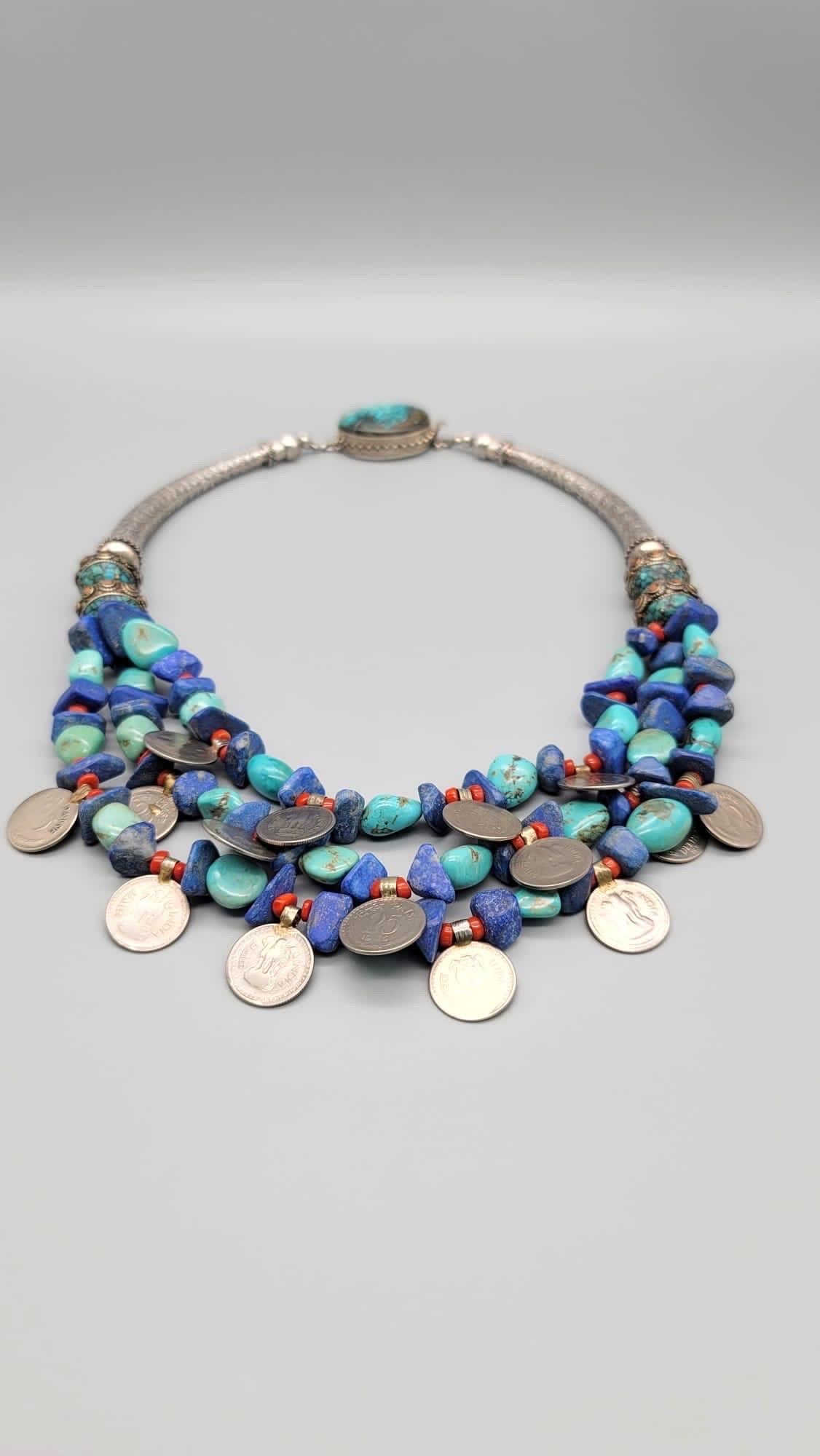 A.Jeschel Lapis and Turquoise dramatic tribal necklace For Sale 4