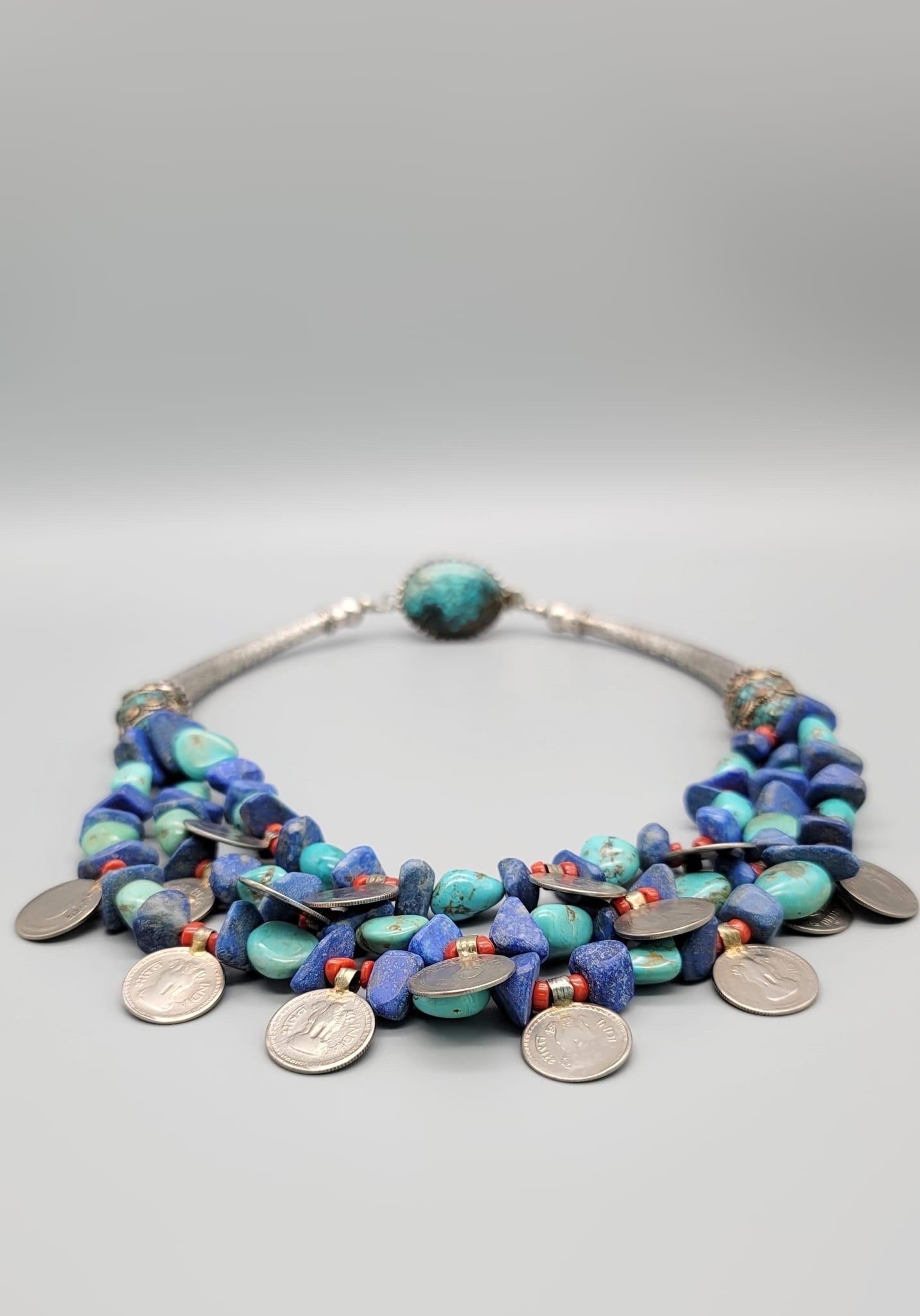 A.Jeschel Lapis and Turquoise dramatic tribal necklace For Sale 5