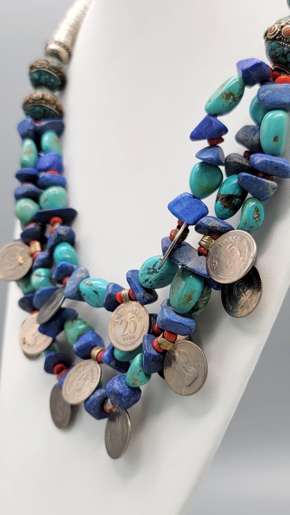 Contemporary A.Jeschel Lapis and Turquoise dramatic tribal necklace For Sale