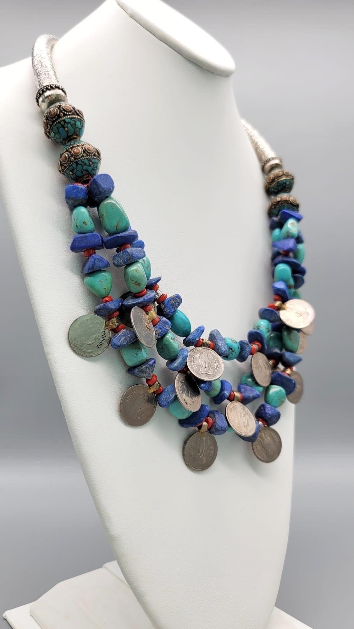 Mixed Cut A.Jeschel Lapis and Turquoise dramatic tribal necklace For Sale