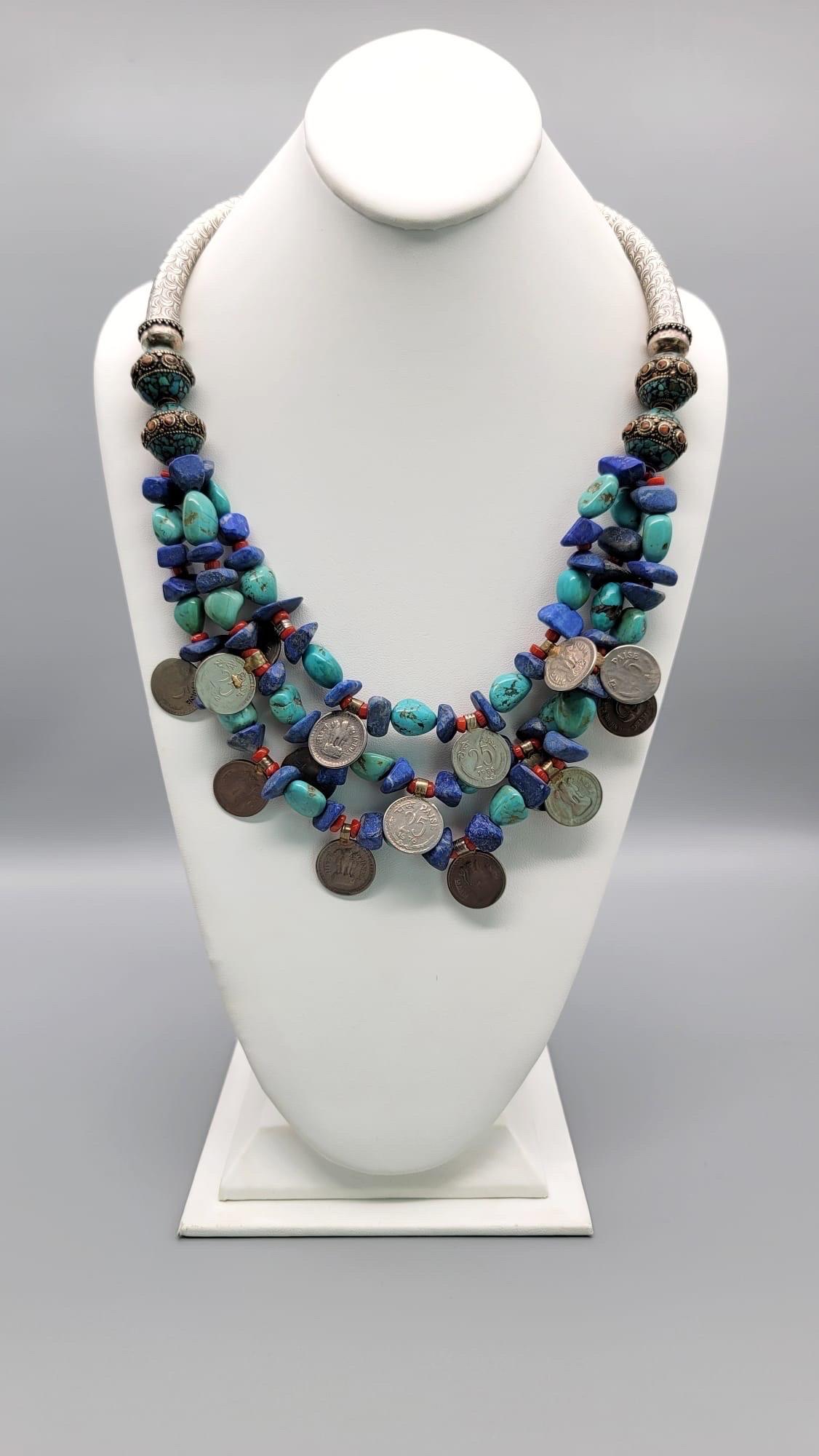 A.Jeschel Lapis and Turquoise dramatic tribal necklace For Sale