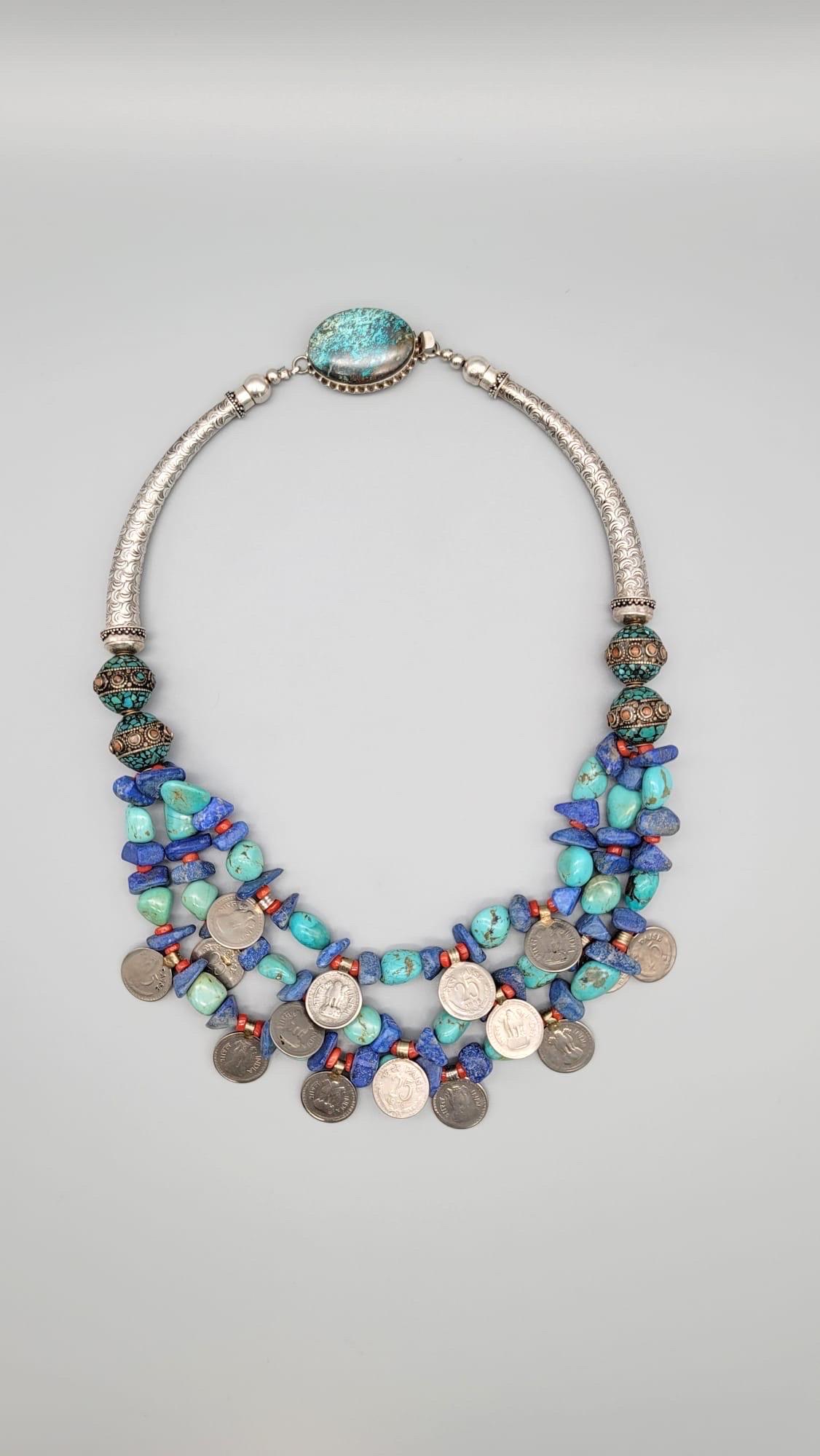 A.Jeschel Lapis and Turquoise dramatic tribal necklace For Sale 3