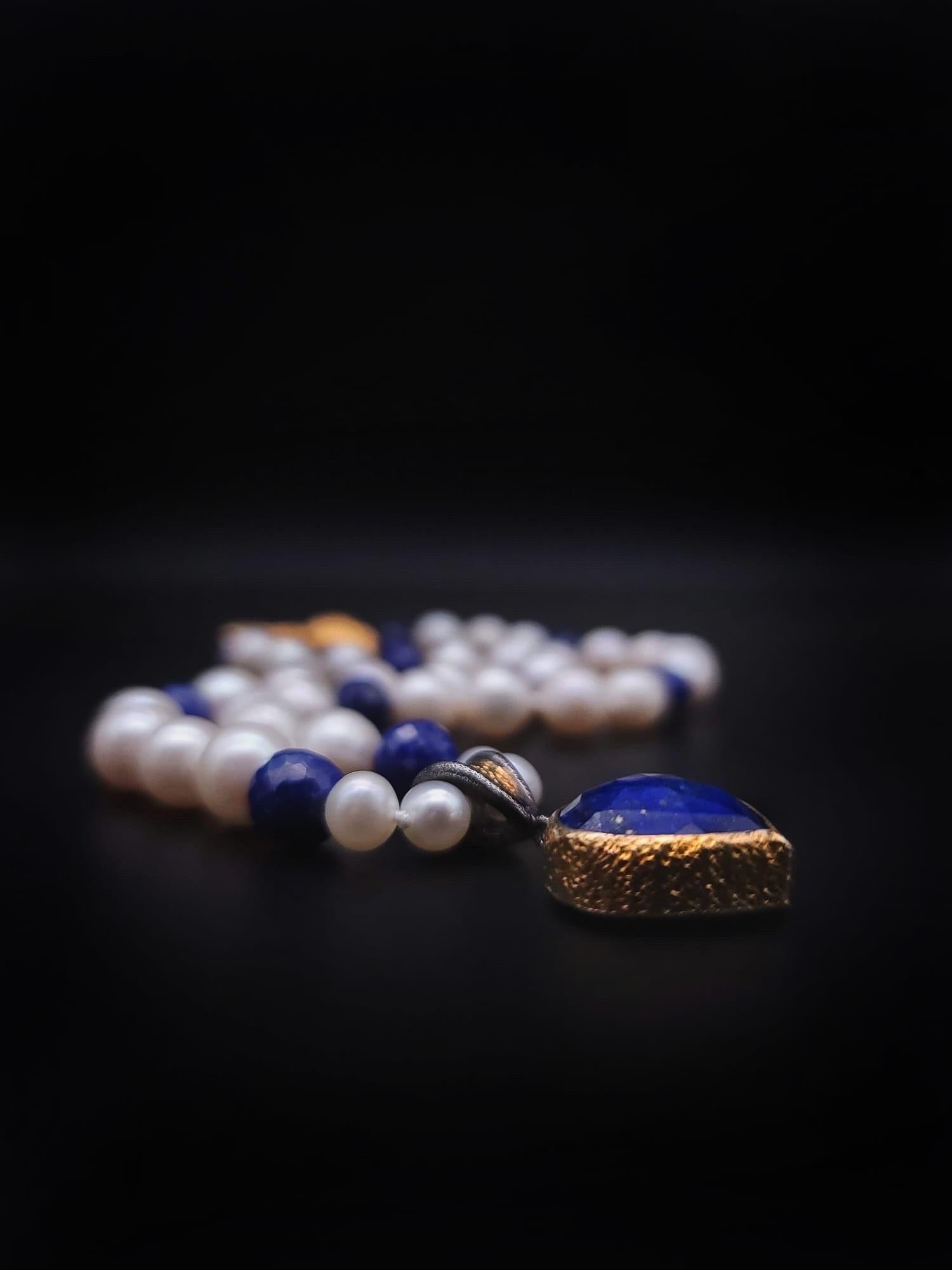 A.Jeschel Lapis Lazuli and pearls Necklace  In New Condition For Sale In Miami, FL