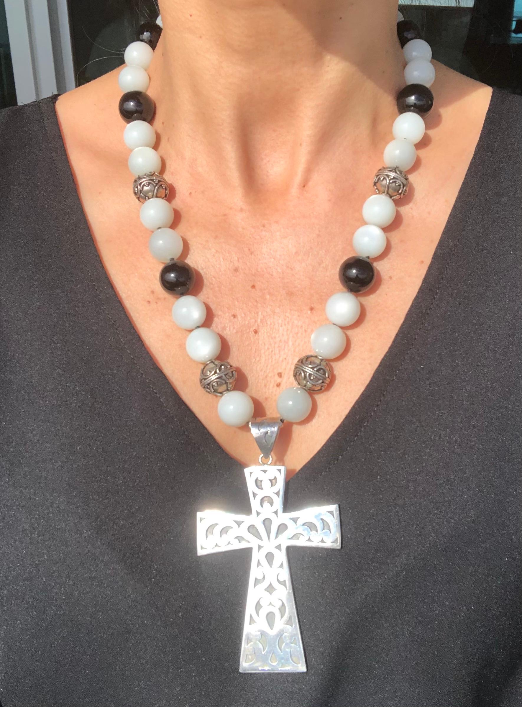A.Jeschel Large Sterling Silver Cross hangs from a Moonstone and Onyx Necklace For Sale 5
