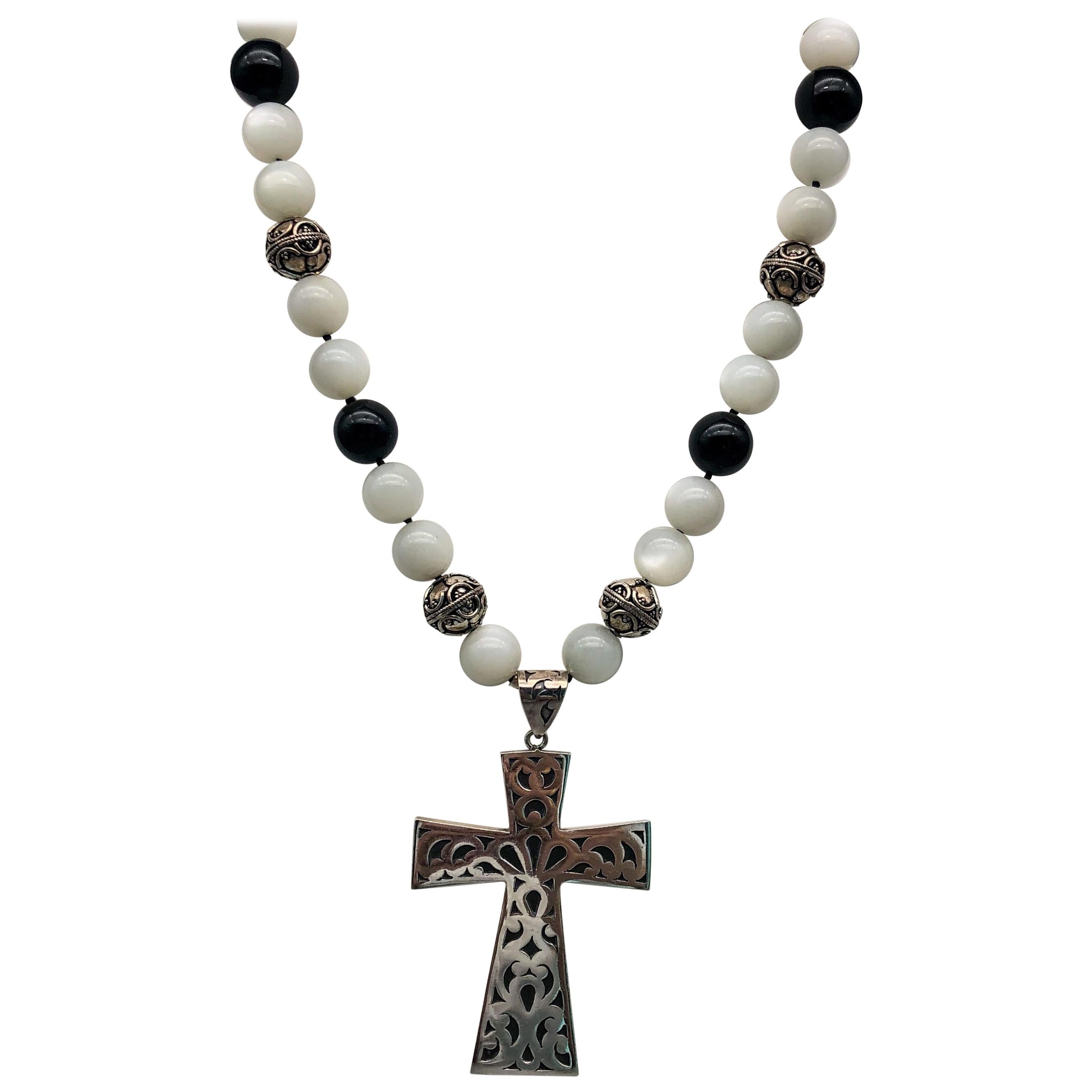 Rosary Bead Necklace w Cross Handmade in Sterling Silver and Long For