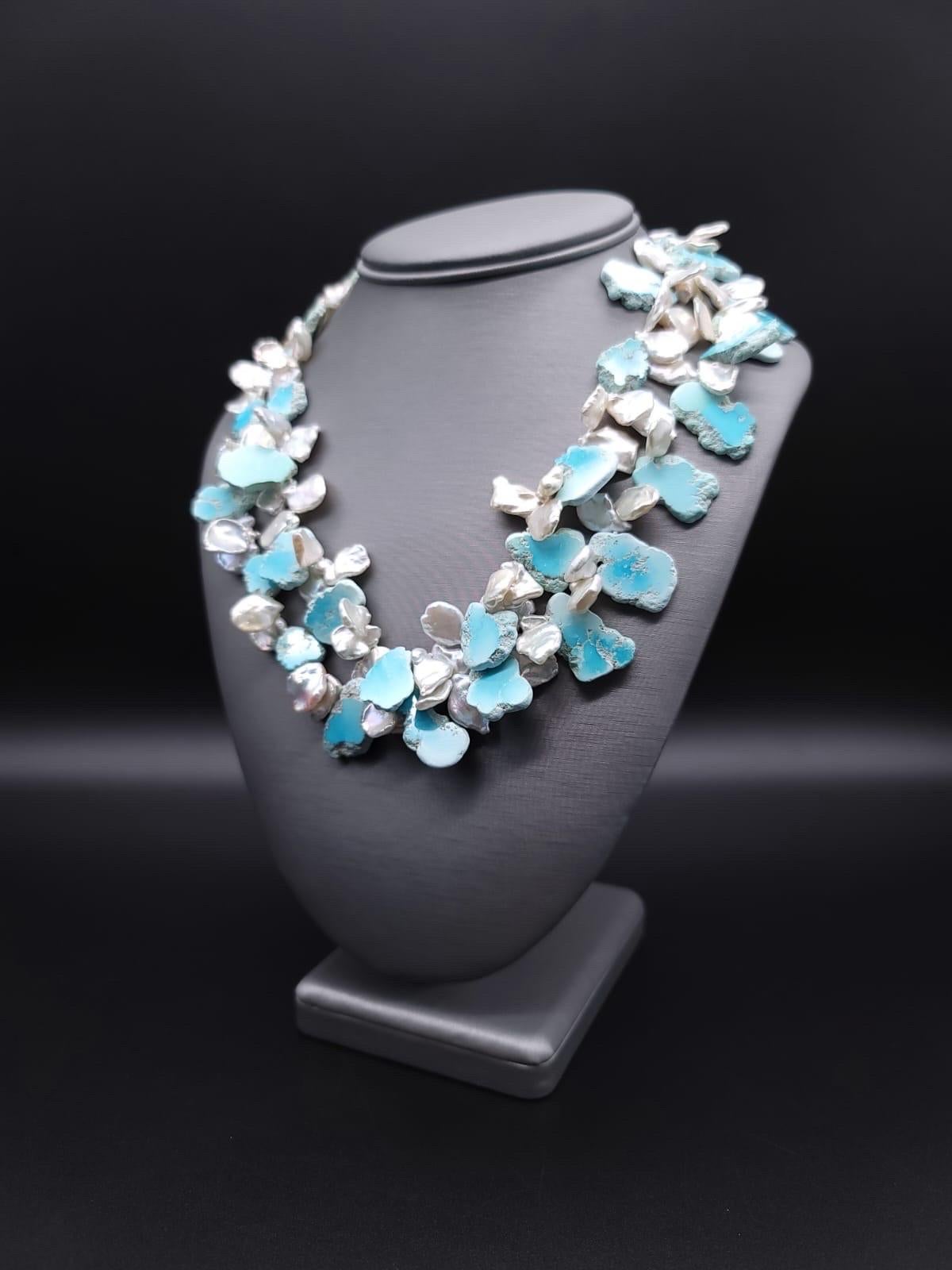 Mixed Cut A.Jeschel  Larimar and Keshi Pearls combine in a heavenly 2 strand necklace For Sale
