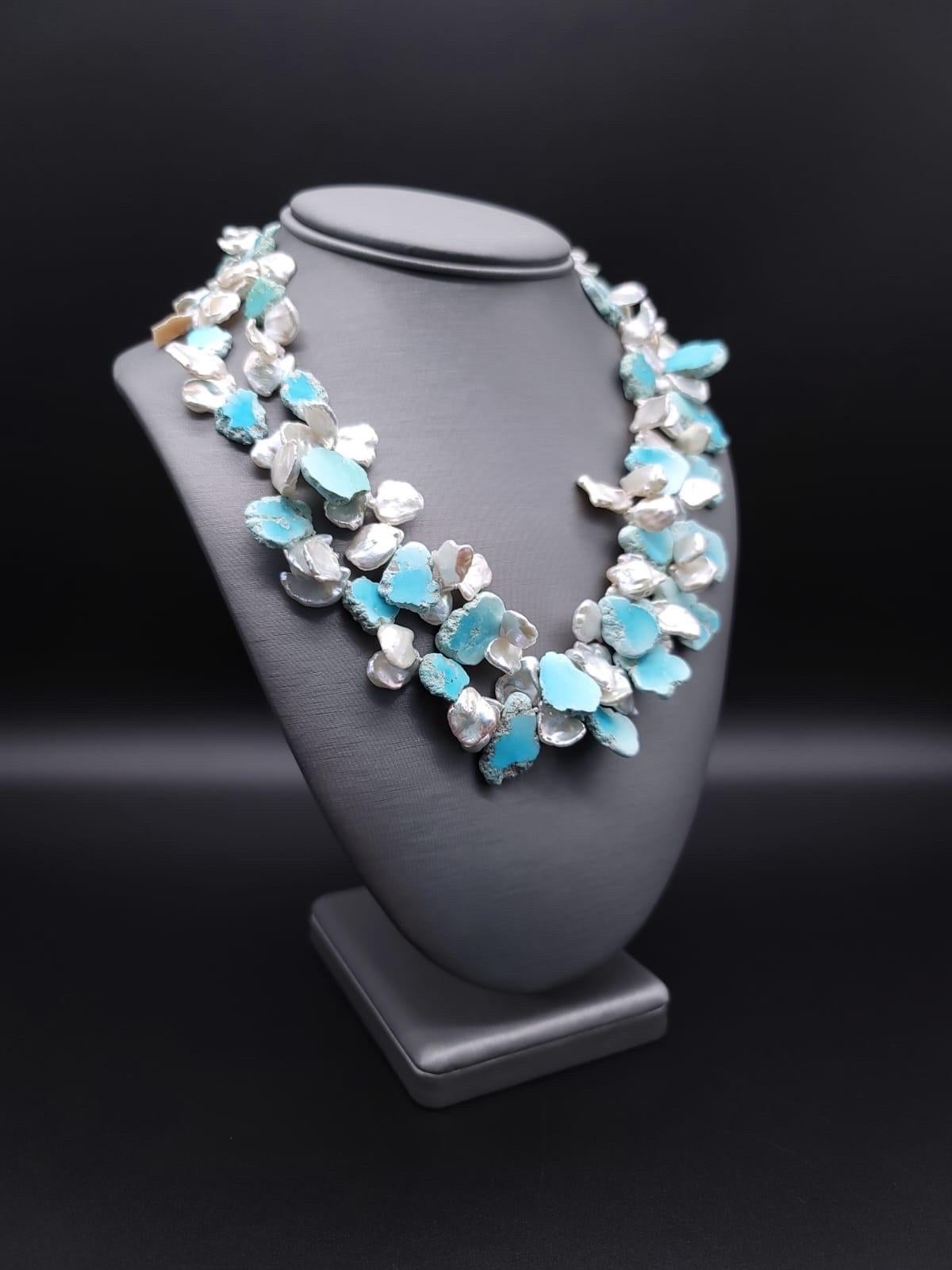 A.Jeschel  Larimar and Keshi Pearls combine in a heavenly 2 strand necklace In New Condition For Sale In Miami, FL