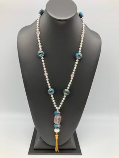 A.Jeschel Long Freshwater Pearl necklace Rose Quartz and Chinese Cloisonne