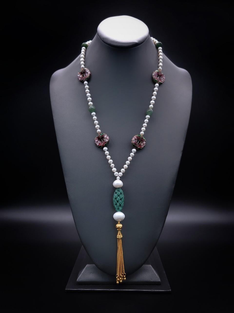 A.Jeschel Long freshwater Pearl necklace with richly colored Cloisonne.