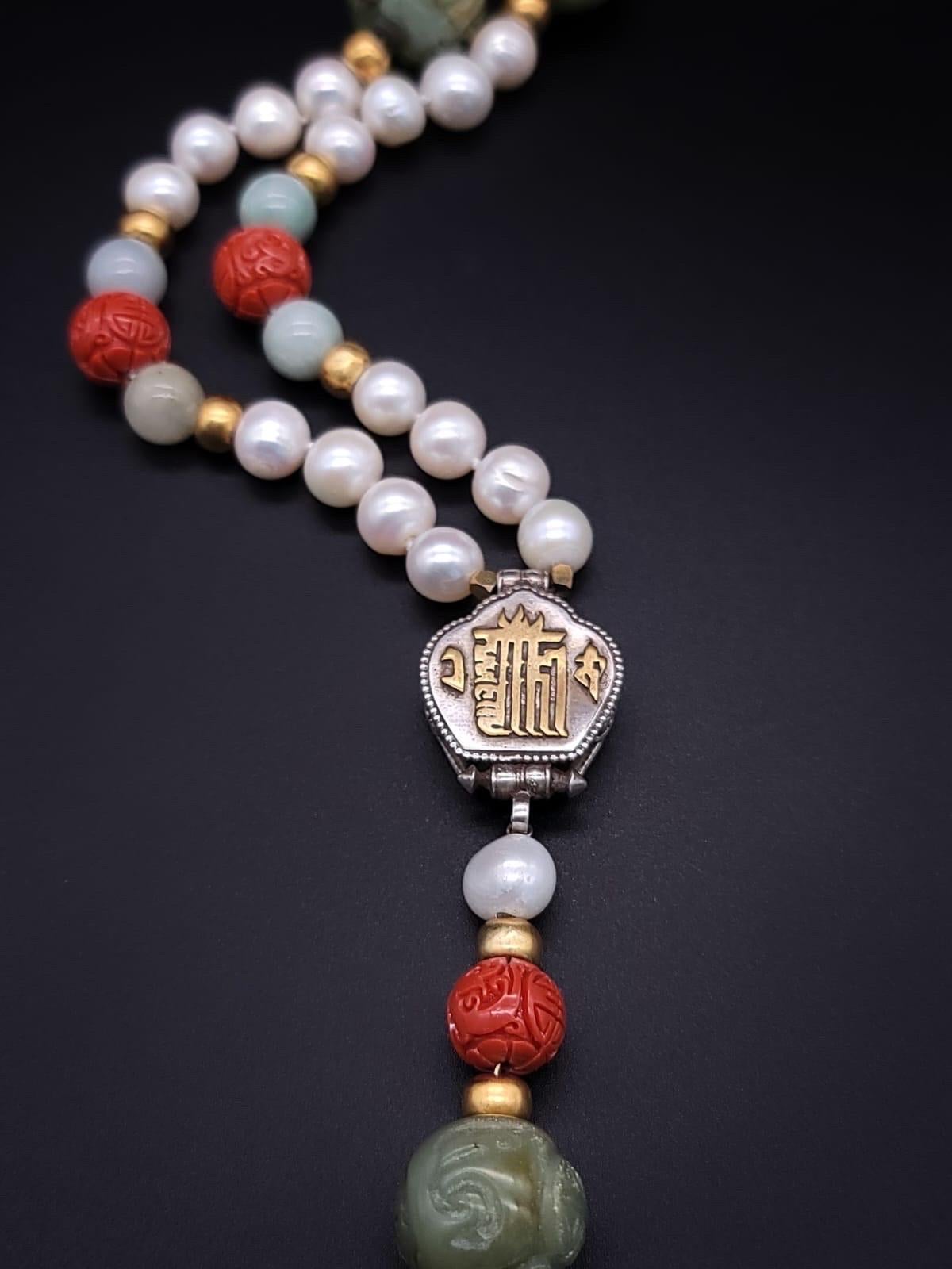 A.Jeschel Long Pearl necklace with Jade carved beads. For Sale 4
