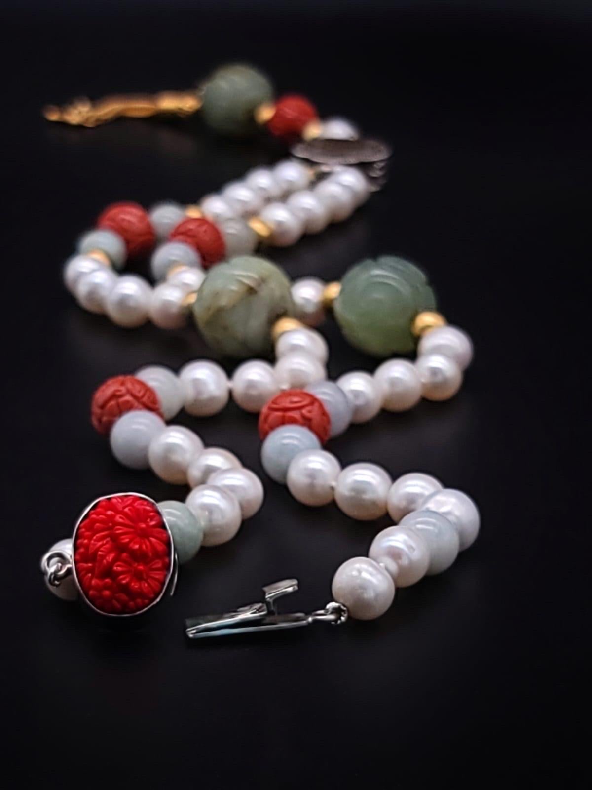 A.Jeschel Long Pearl necklace with Jade carved beads. For Sale 5